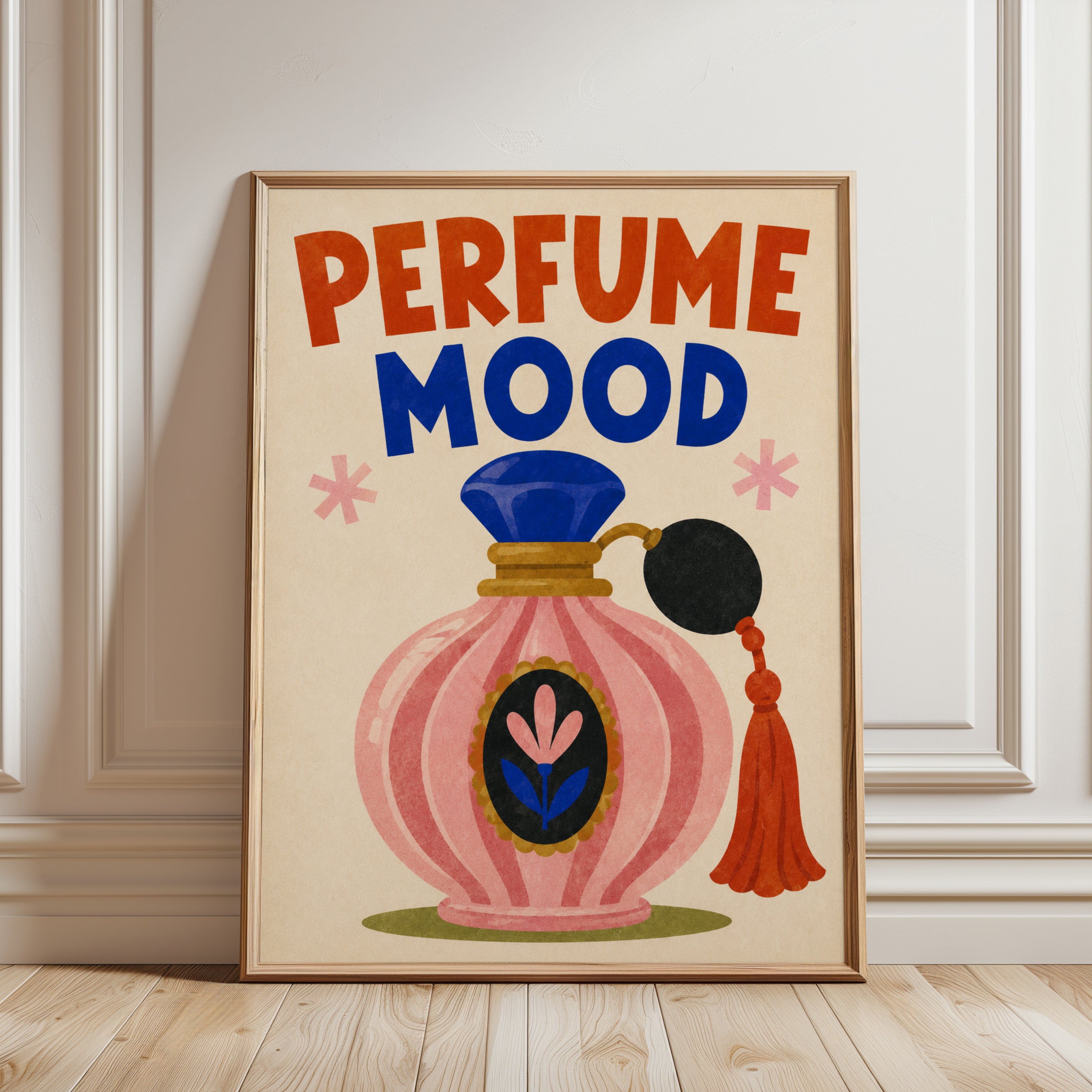 Perfume Bottle Poster – Retro Bathroom Wall Art - framed detail