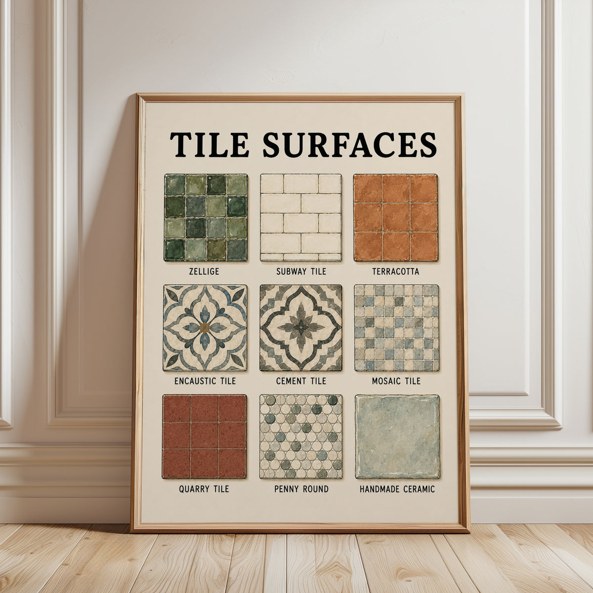 Tile Surfaces Chart Wall Art: Vintage Architectural Reference - framed detail