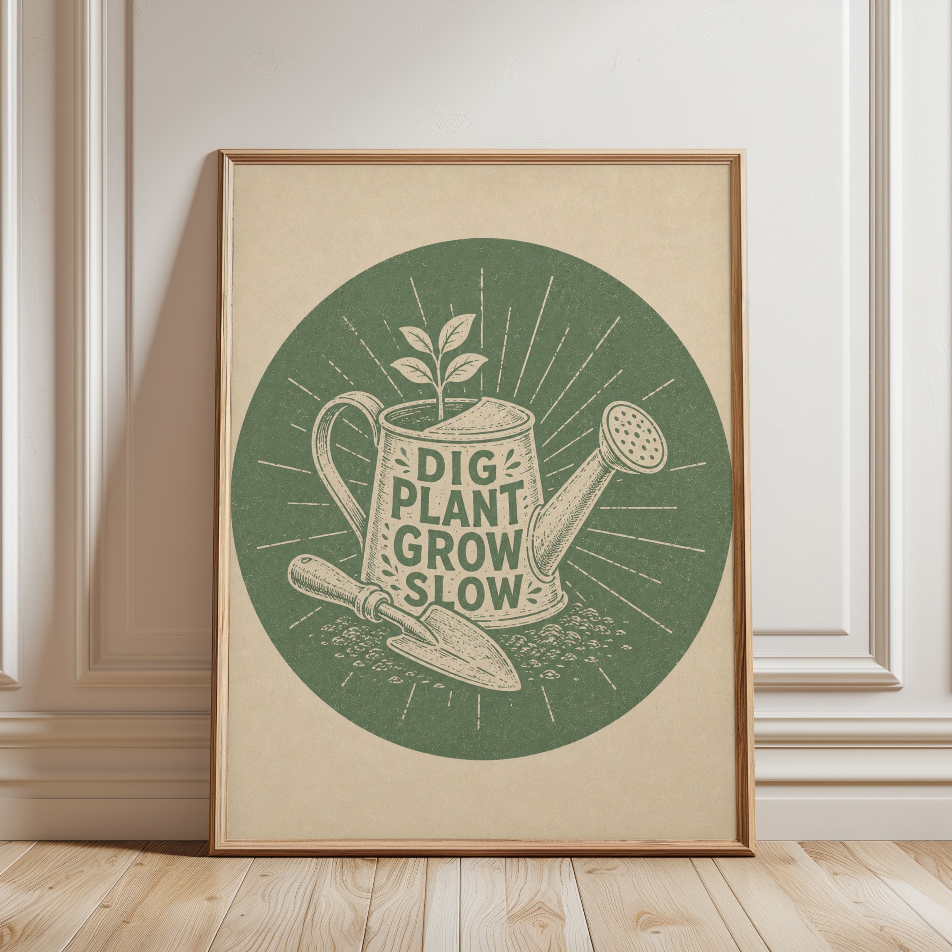 Dig Plant Grow Slow Poster: Vintage Gardening Art Print - framed detail