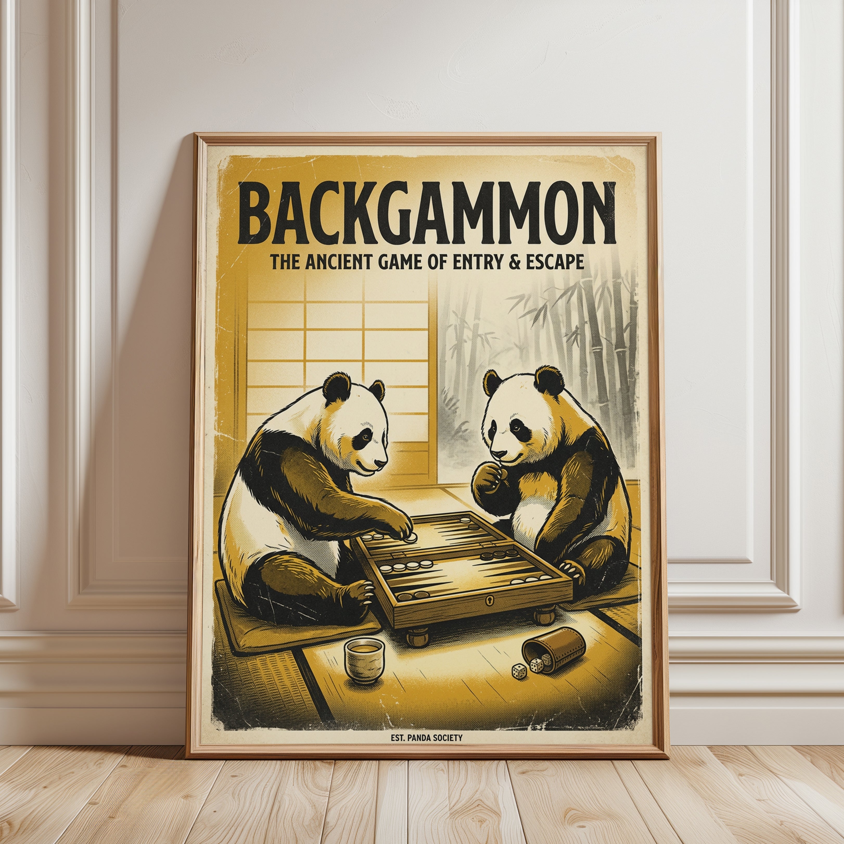 Backgammon Panda Print — Vintage Japanese Style Game Room Art - framed detail