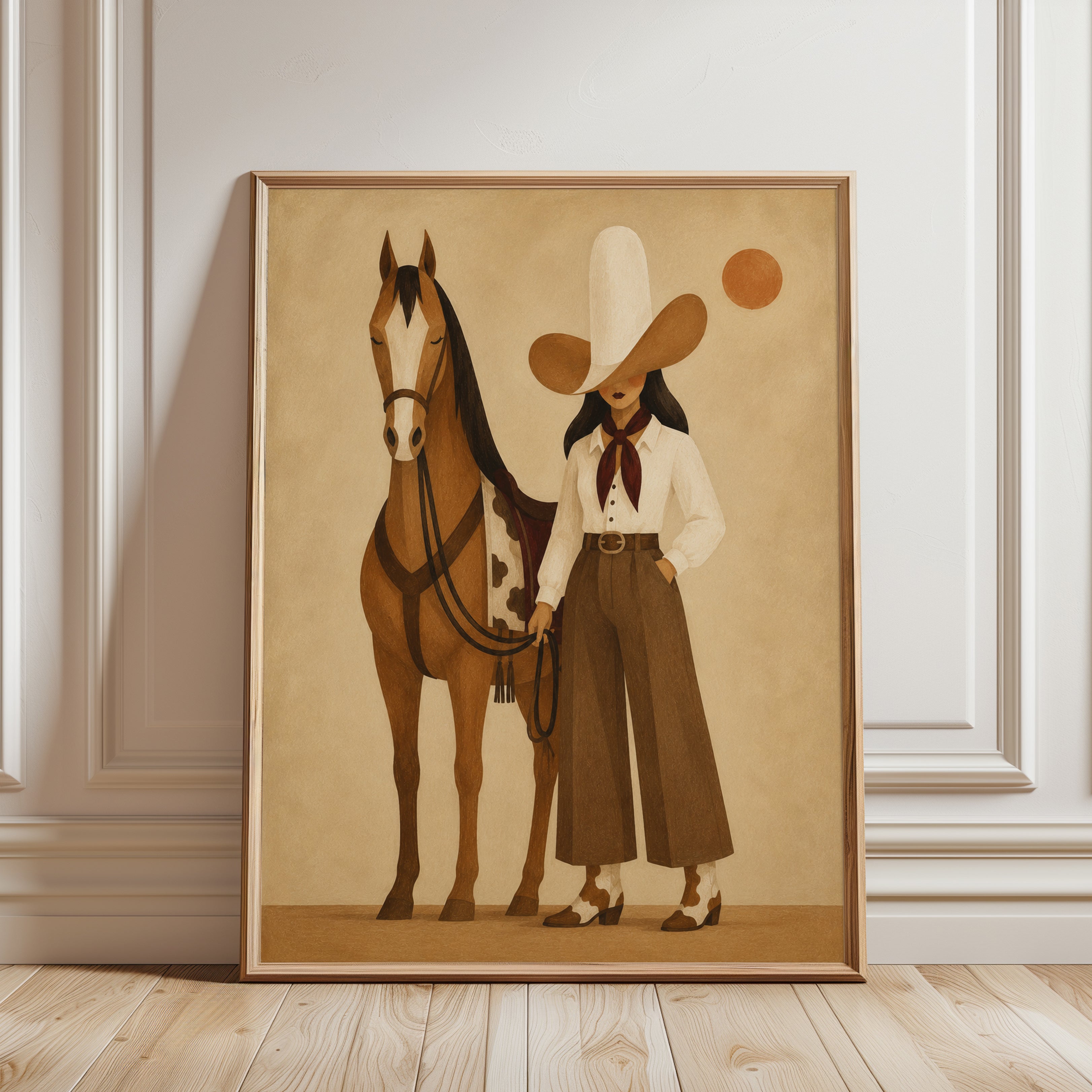 Vintage Cowgirl and Horse Art Print: Geometric Western Design - framed detail