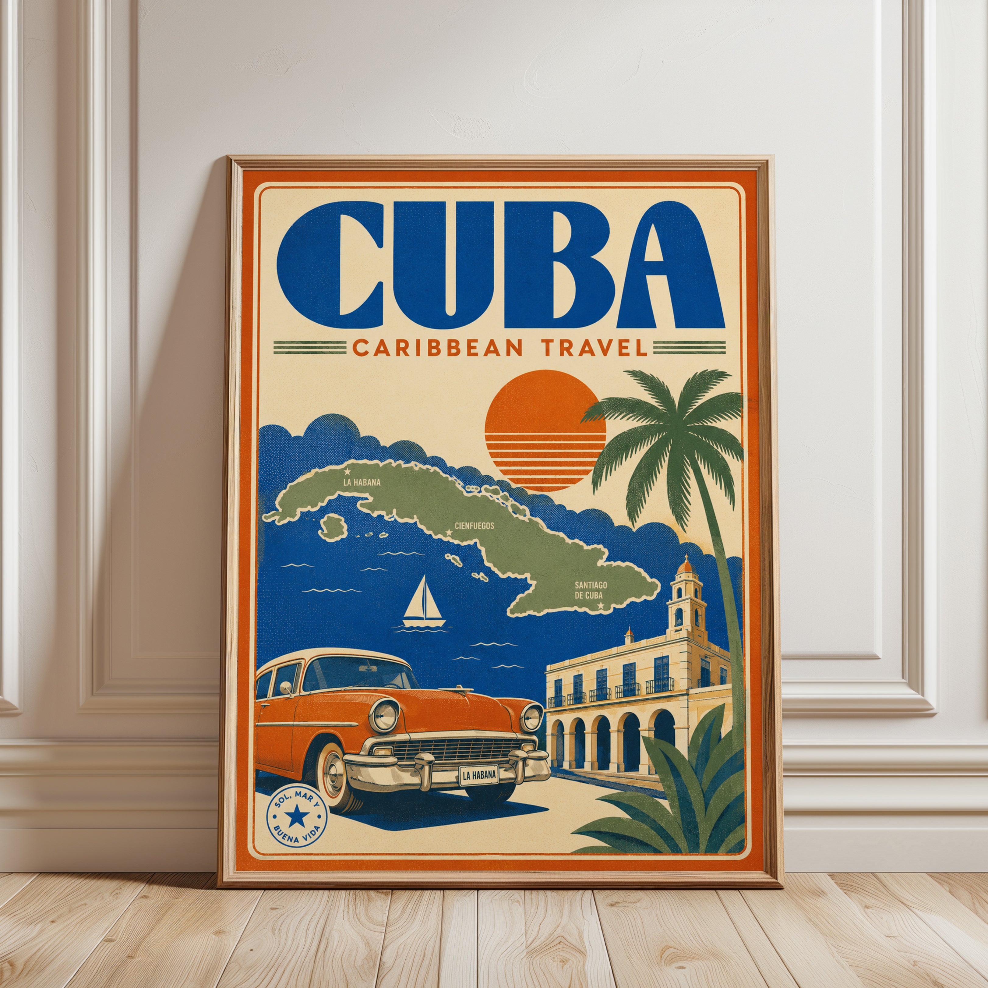 Cuba Travel Poster – Caribbean Wall Art - framed detail