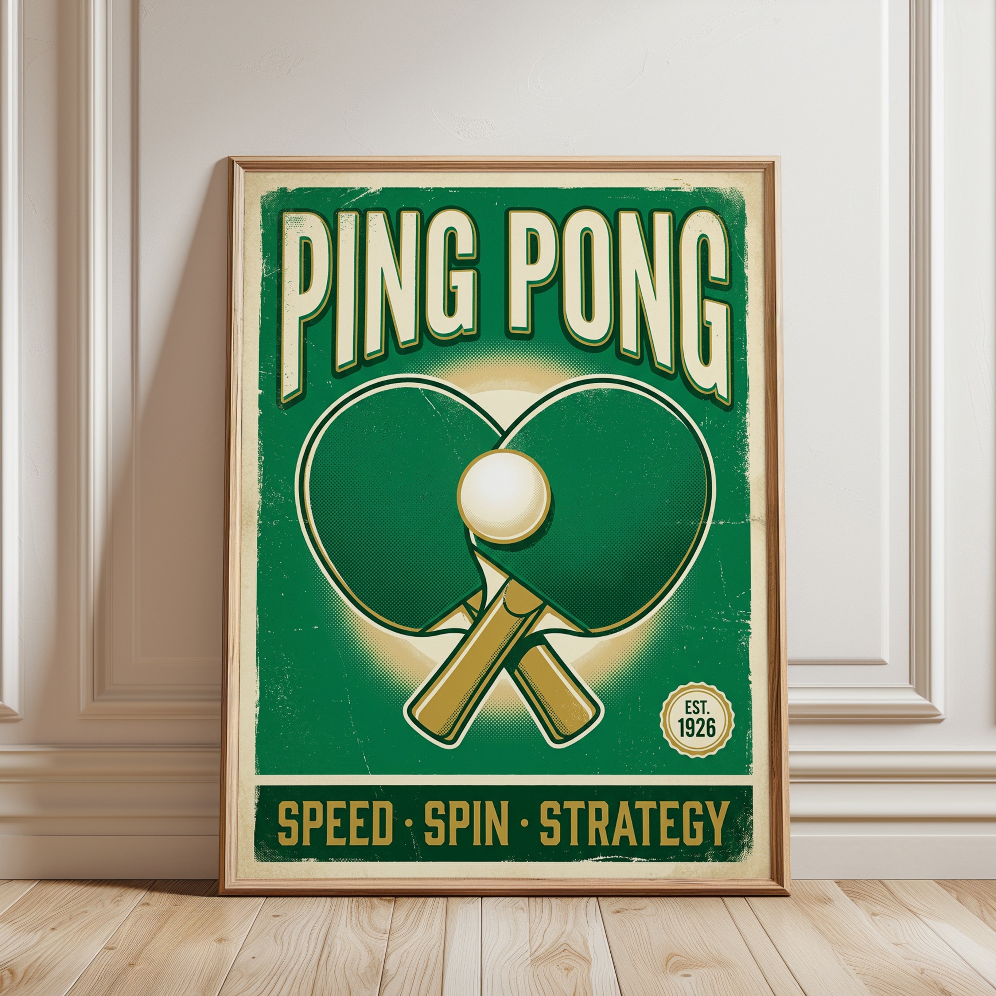 Vintage Ping Pong Poster Print — Retro Table Tennis Art - framed detail
