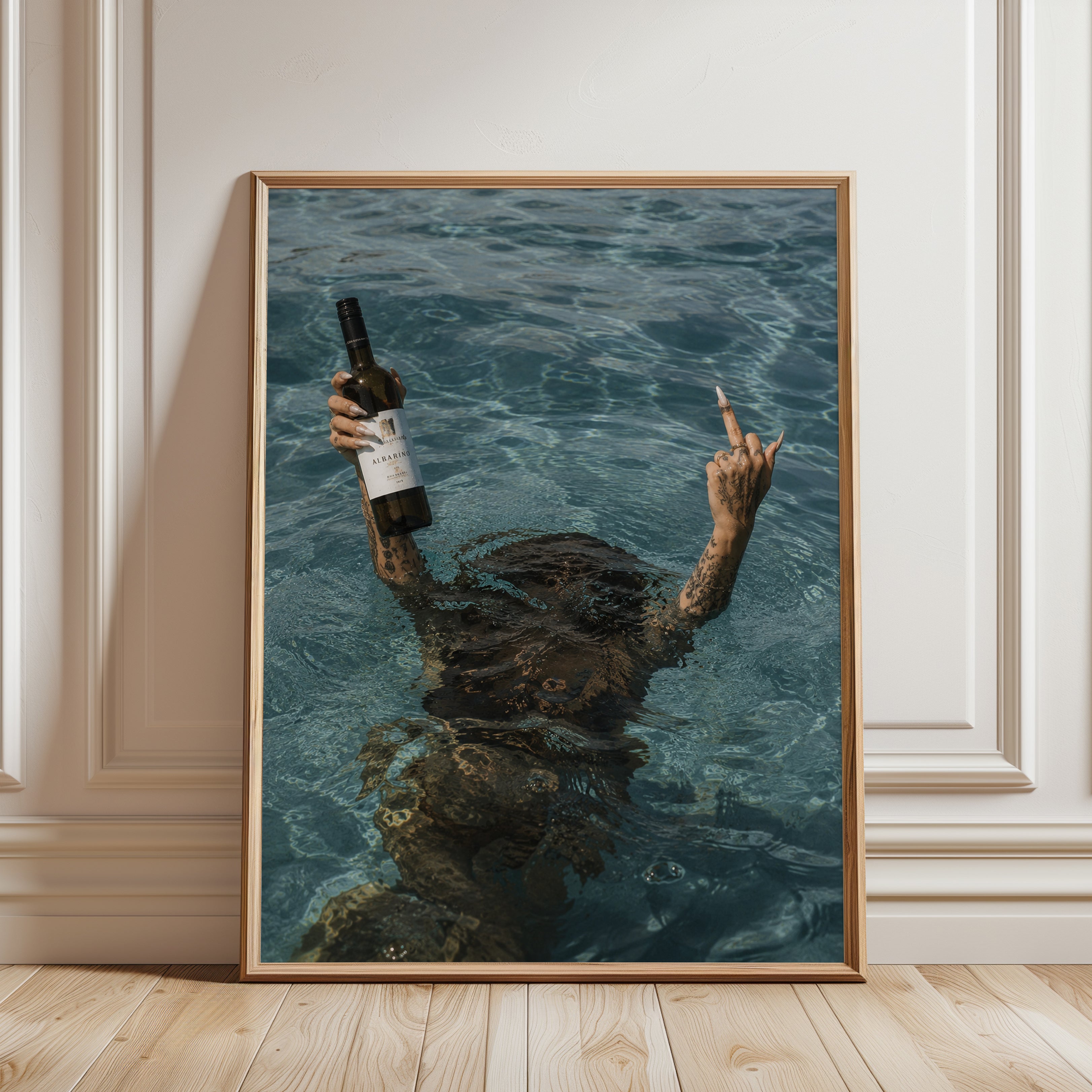 Wine Bottle in Ocean Art Print: Surreal Turquoise Water Photography - framed detail