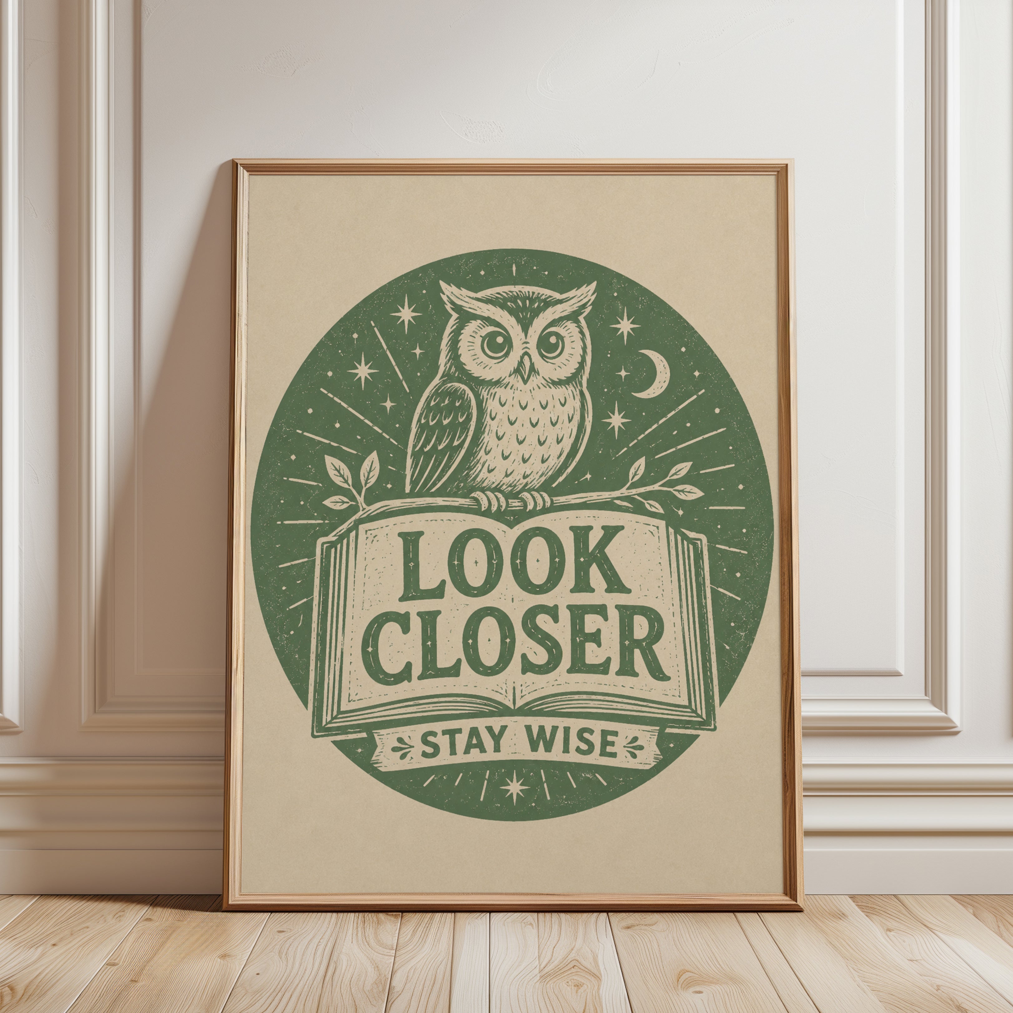 Vintage Owl and Book Print: Green Wisdom Typography Art - framed detail
