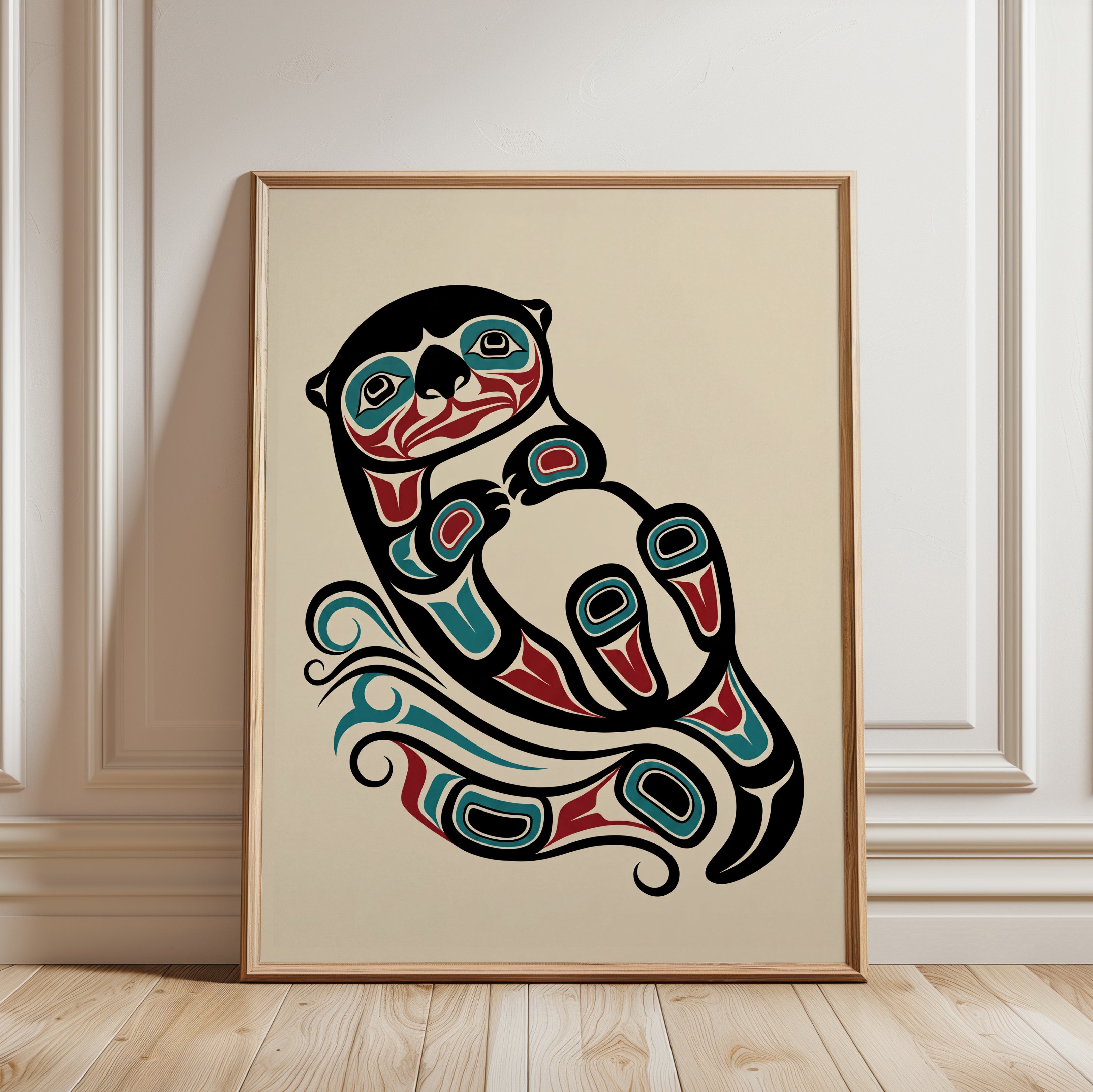 Otter Art Print: Pacific Northwest Coast Formline (Teal and Red) - framed detail