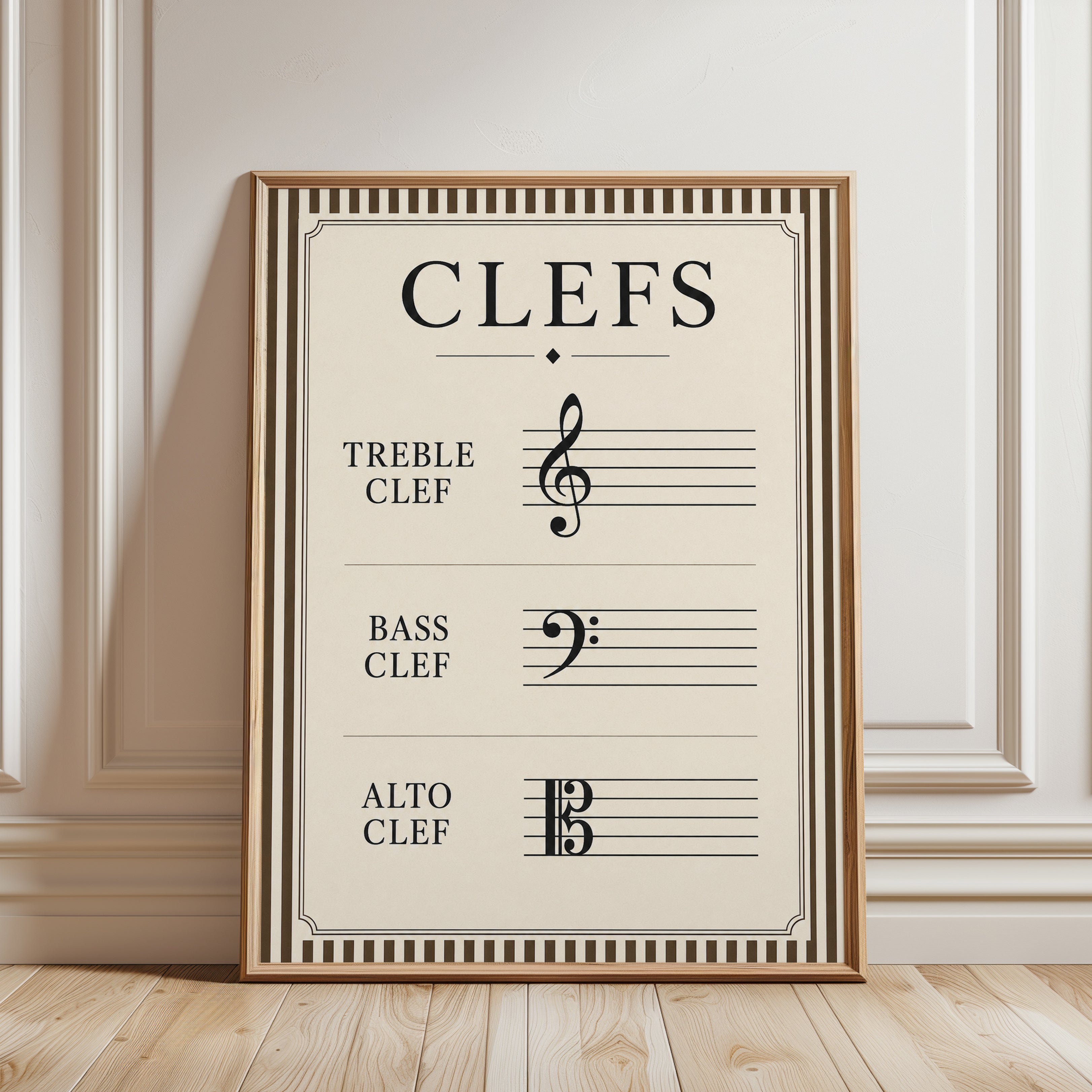 Musical Clefs Chart Print: Vintage Music Education Wall Art - framed detail