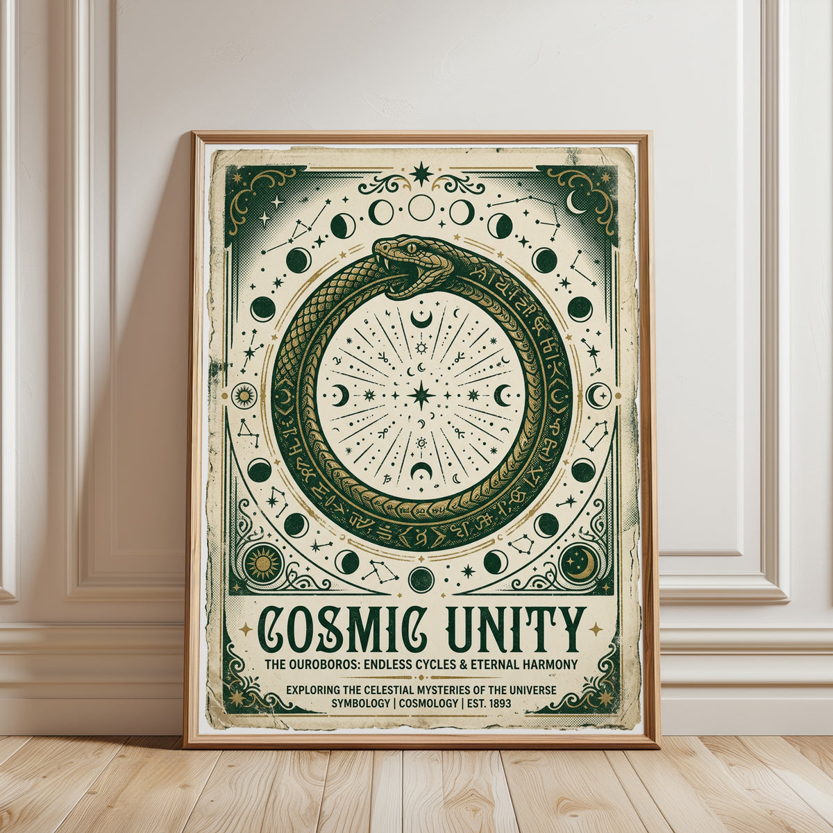 Cosmic Serpent Ouroboros Poster: Mystical Green Celestial Art - framed detail