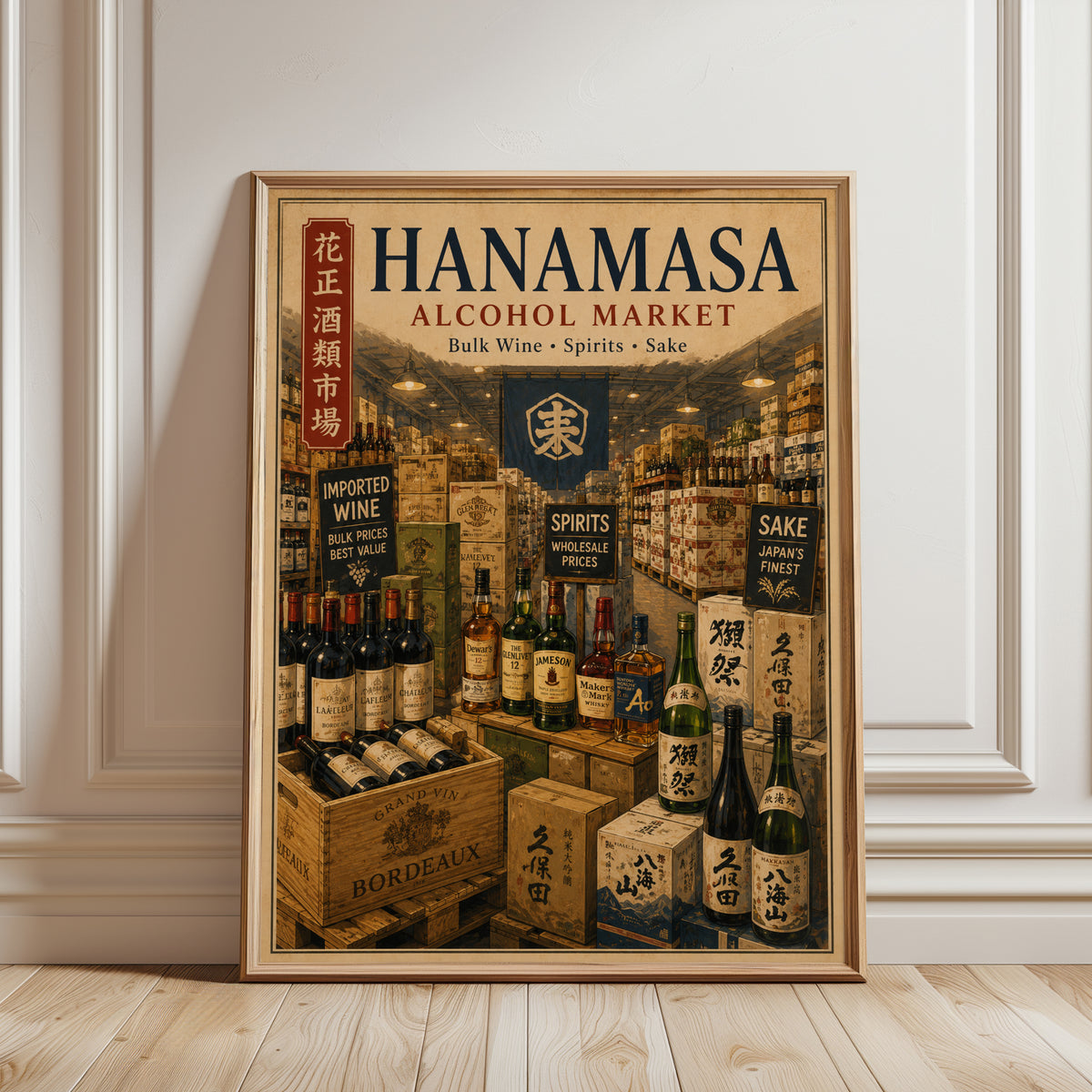 Hanamasa Alcohol Market Wall Art: Vintage Japanese Storefront - framed detail
