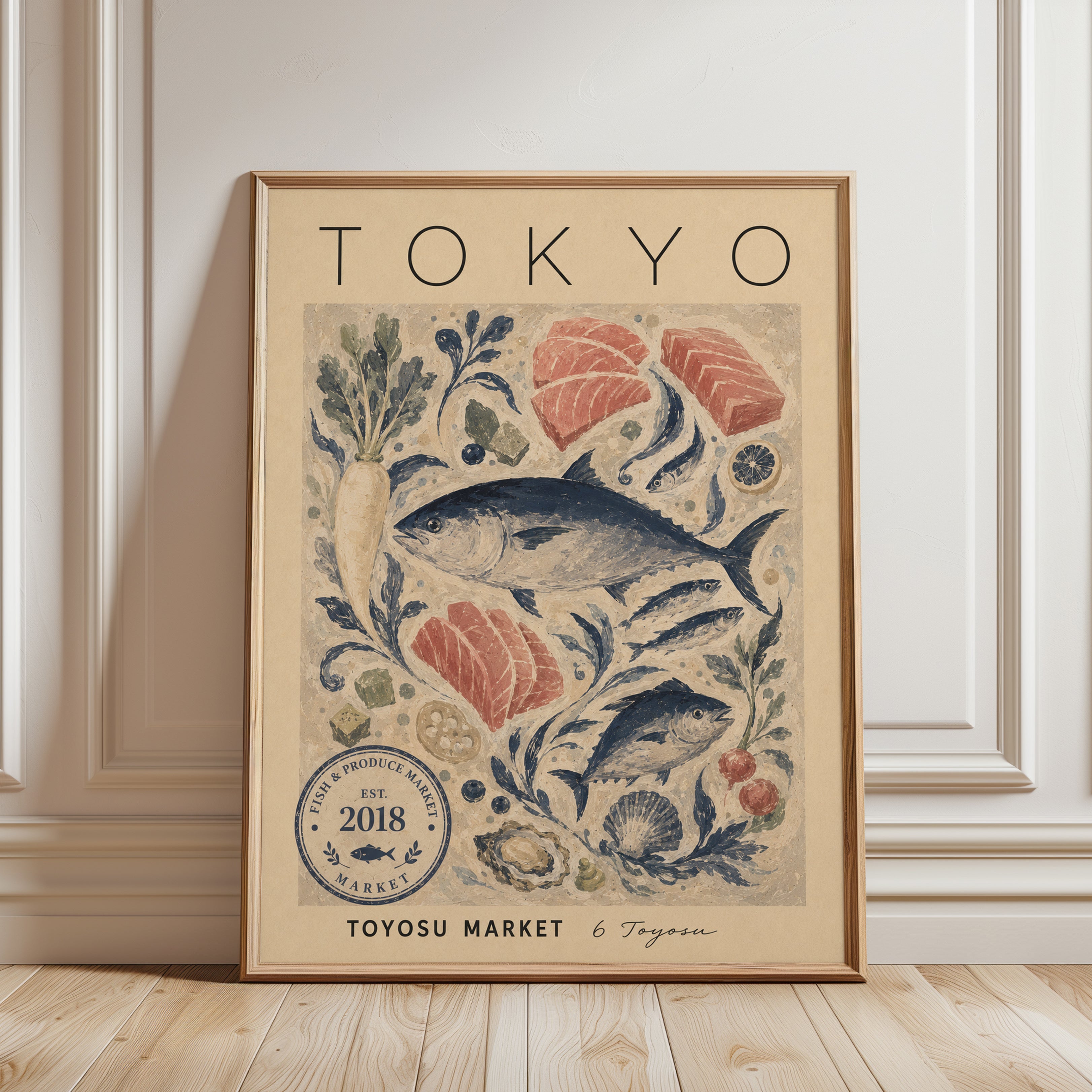 Tokyo Fish Market Poster: Vintage Japanese Seafood Illustration - framed detail