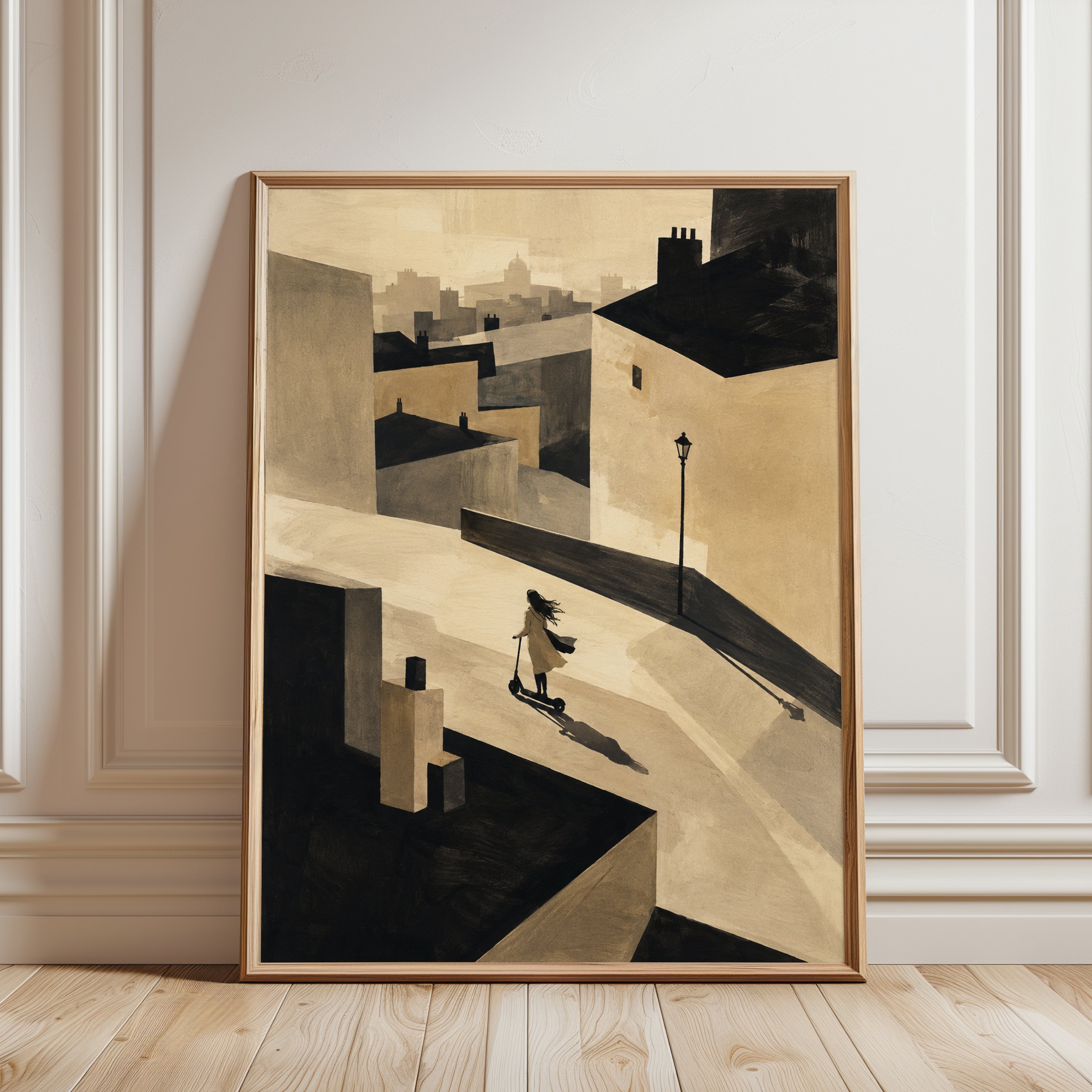 Urban Scooter Rider Print: Geometric Modernist Cityscape Art - framed detail