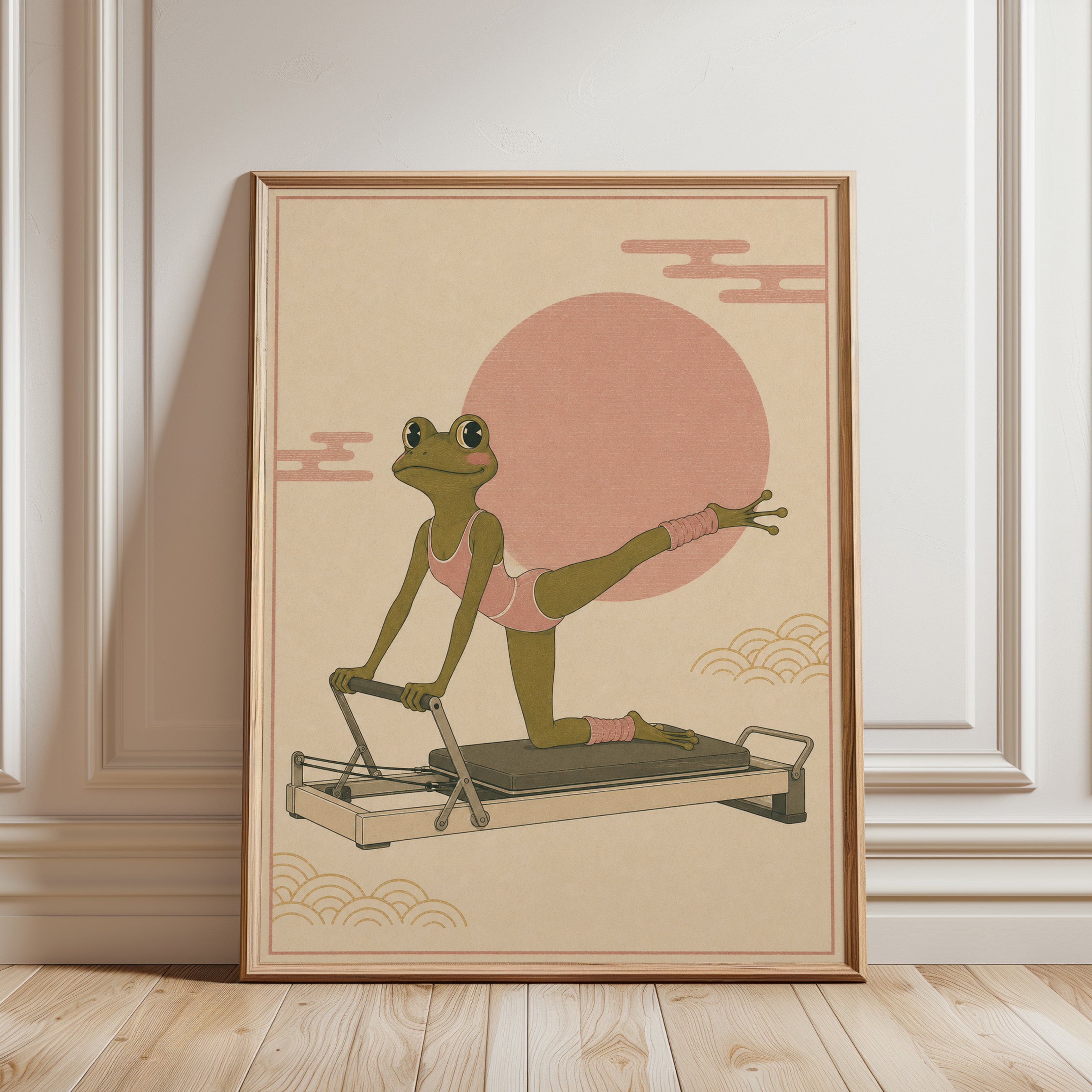 Pilates Frog Art Print: Whimsical Japanese Style Illustration - framed detail