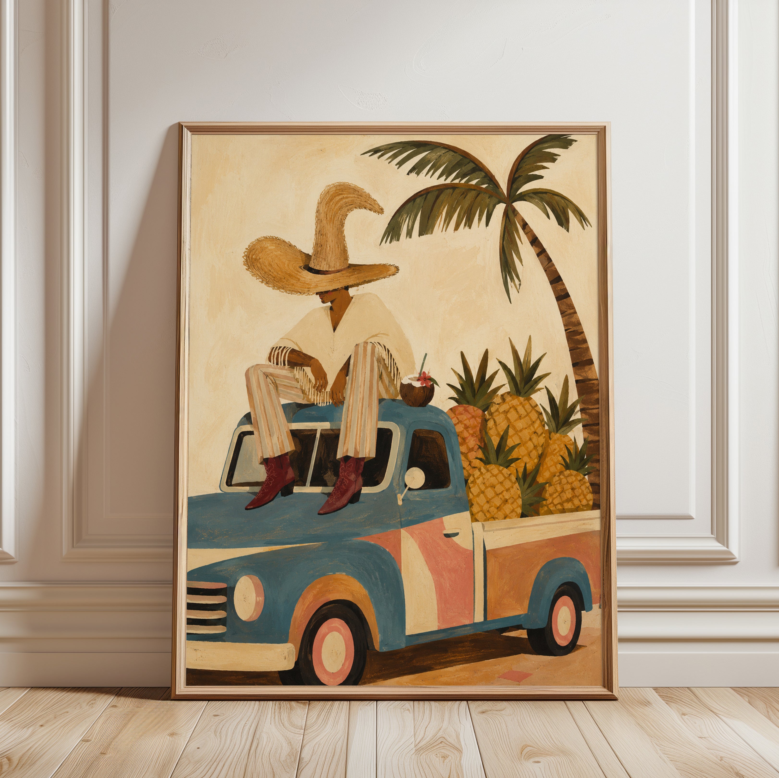 Vintage Tropical Truck Print: Retro Blue Pickup with Pineapples - framed detail