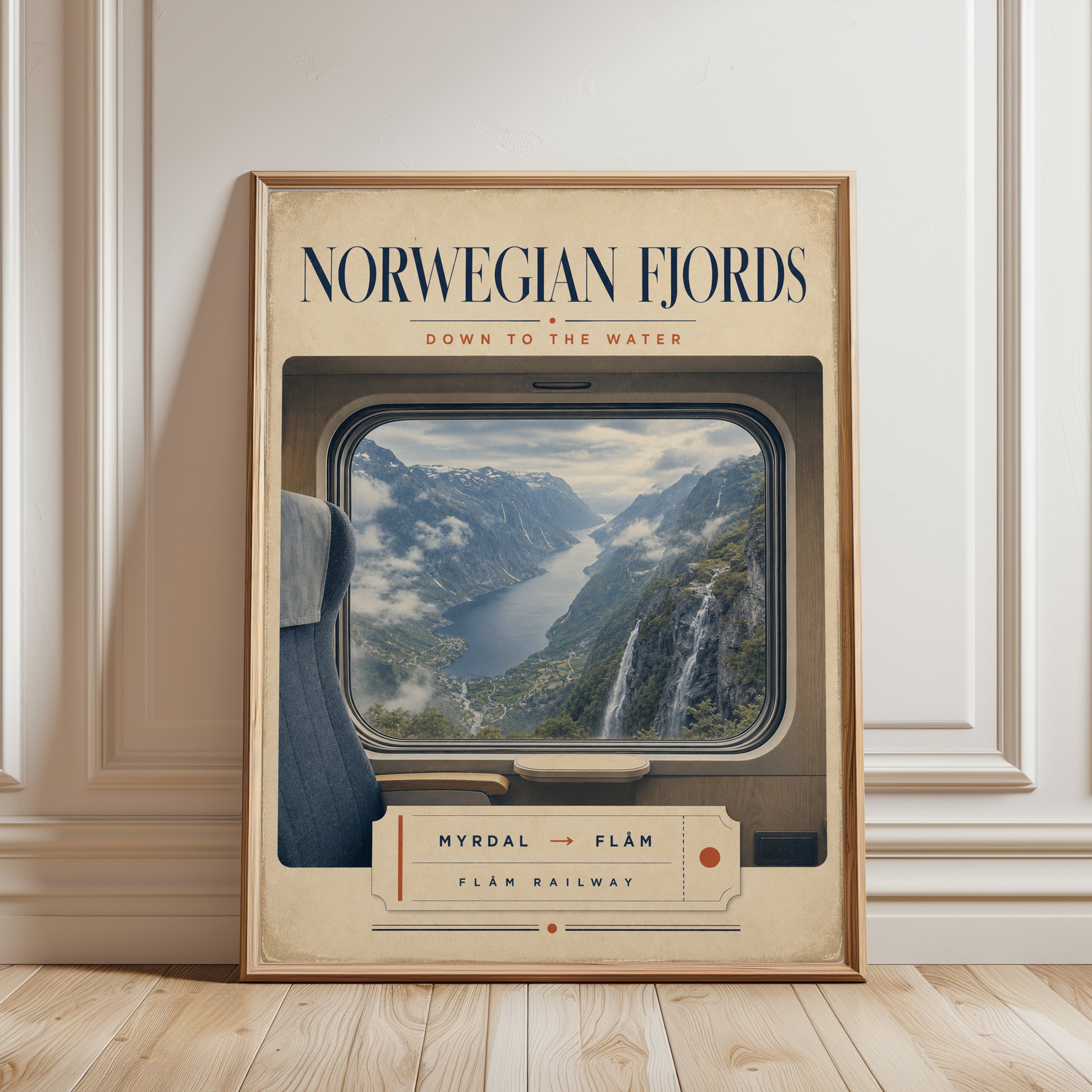 Norwegian Fjords Travel Poster: Vintage Railway Window Art Print - framed detail