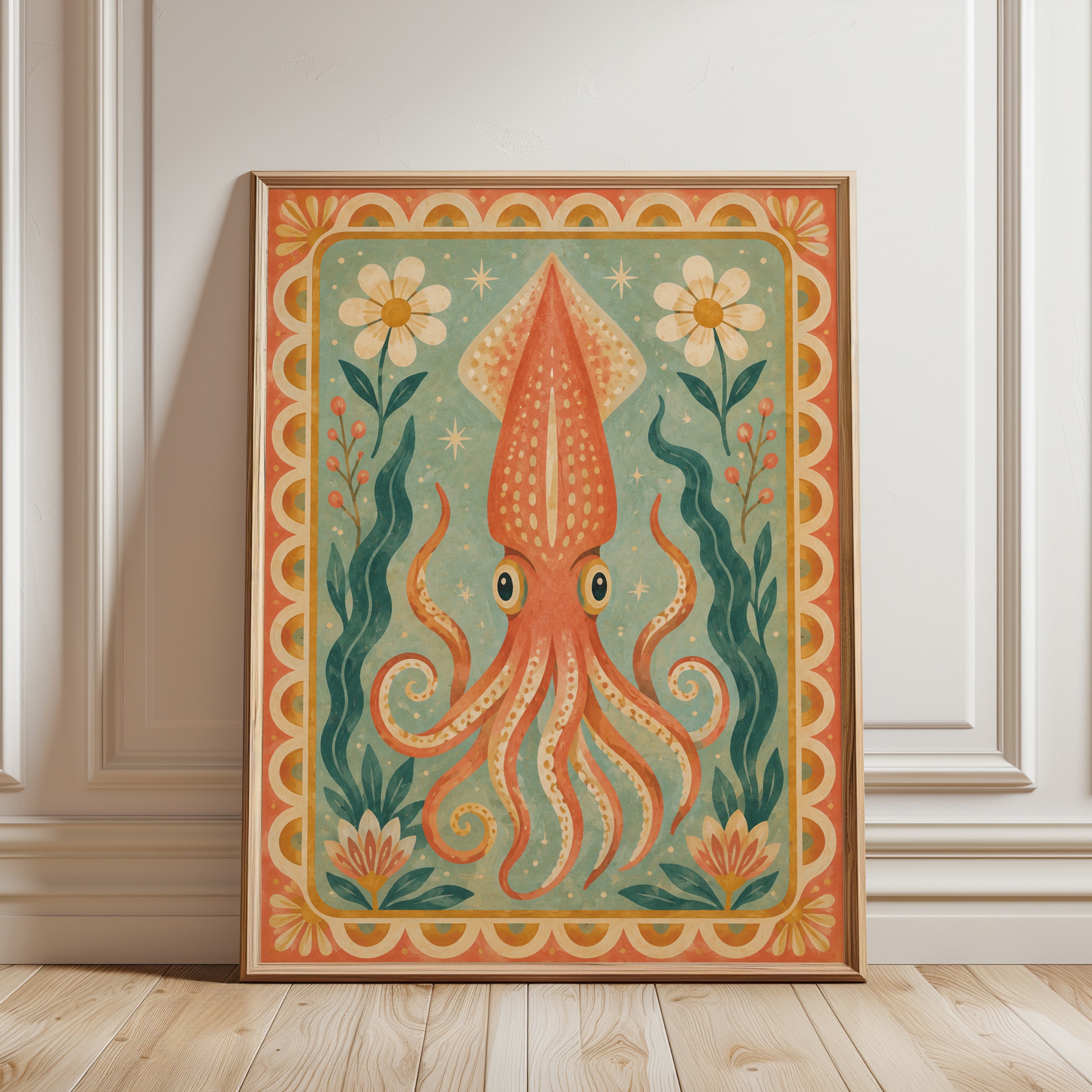 Folk Art Squid Print – Retro Ocean Wall Art - framed detail