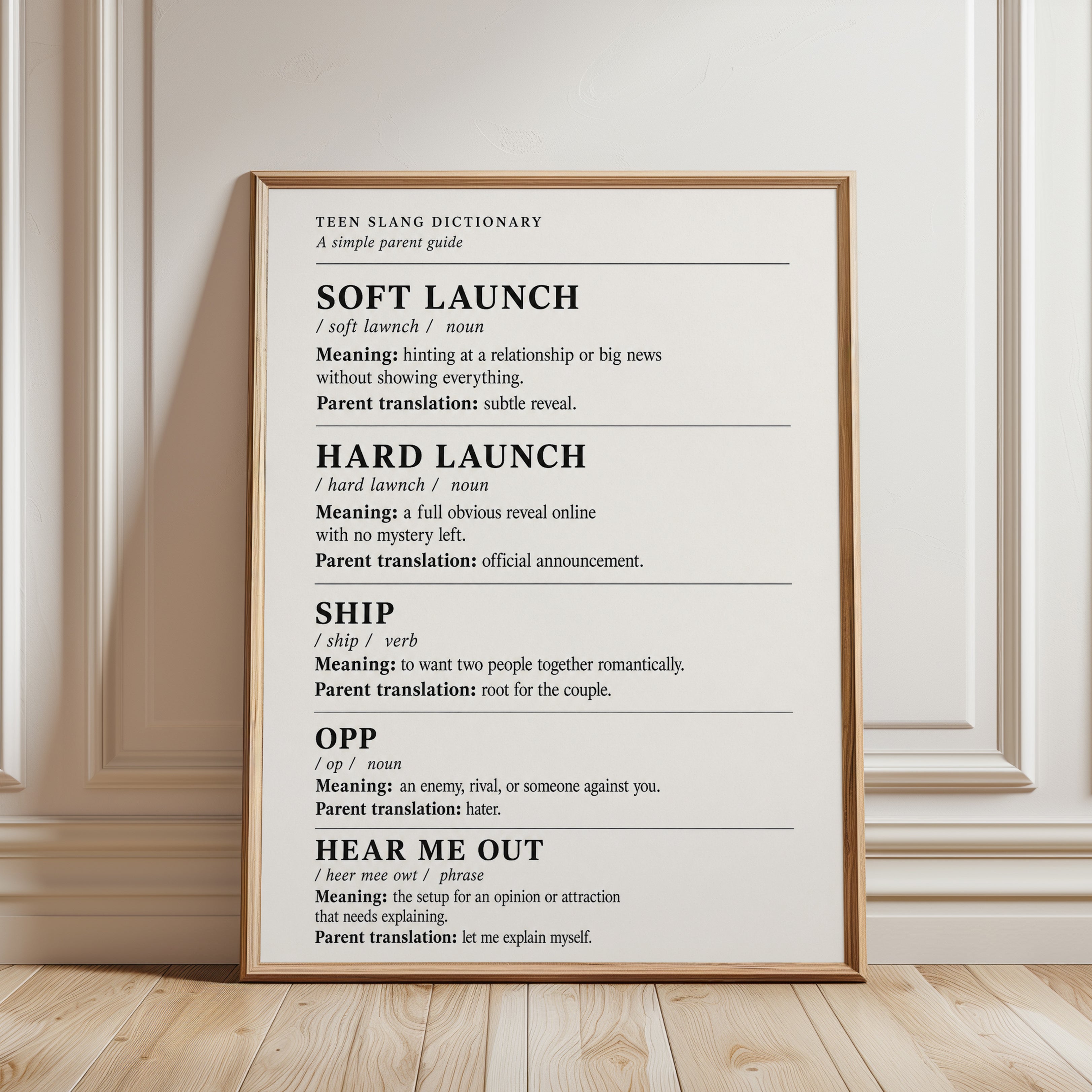 Teen Slang Dictionary Print: Vintage Educational Typography Poster - framed detail