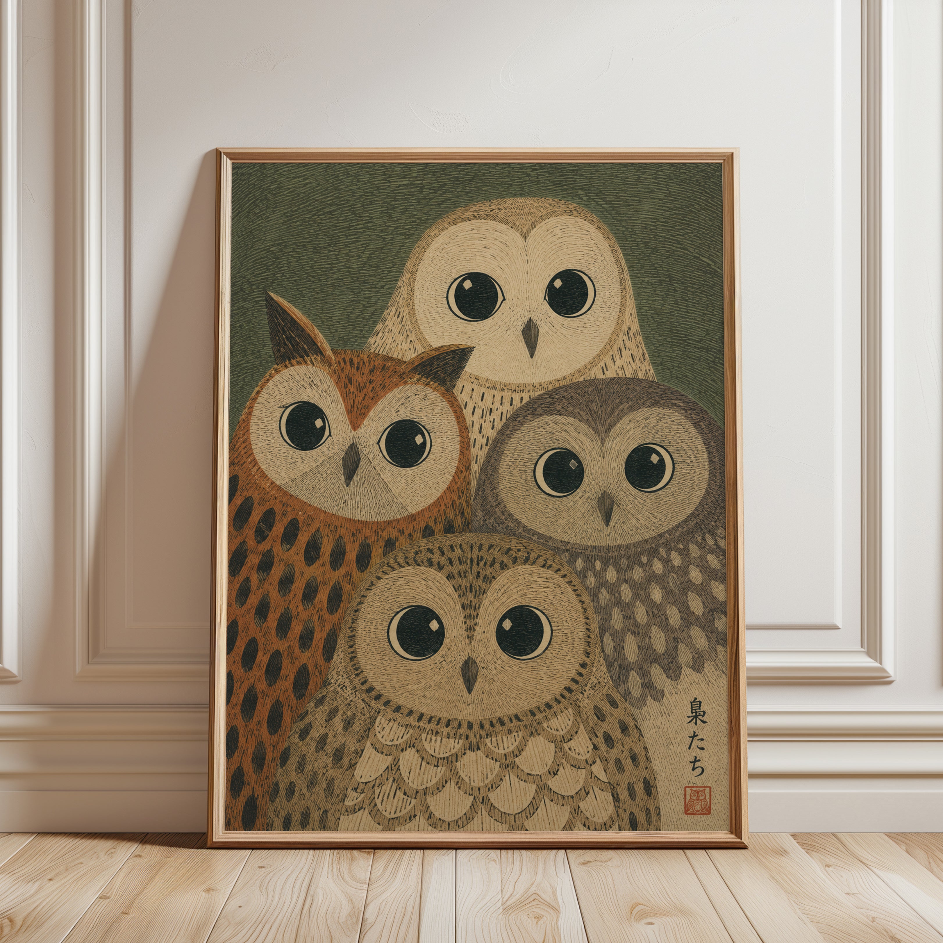 Four Owls Japanese Folk Art Print - framed detail