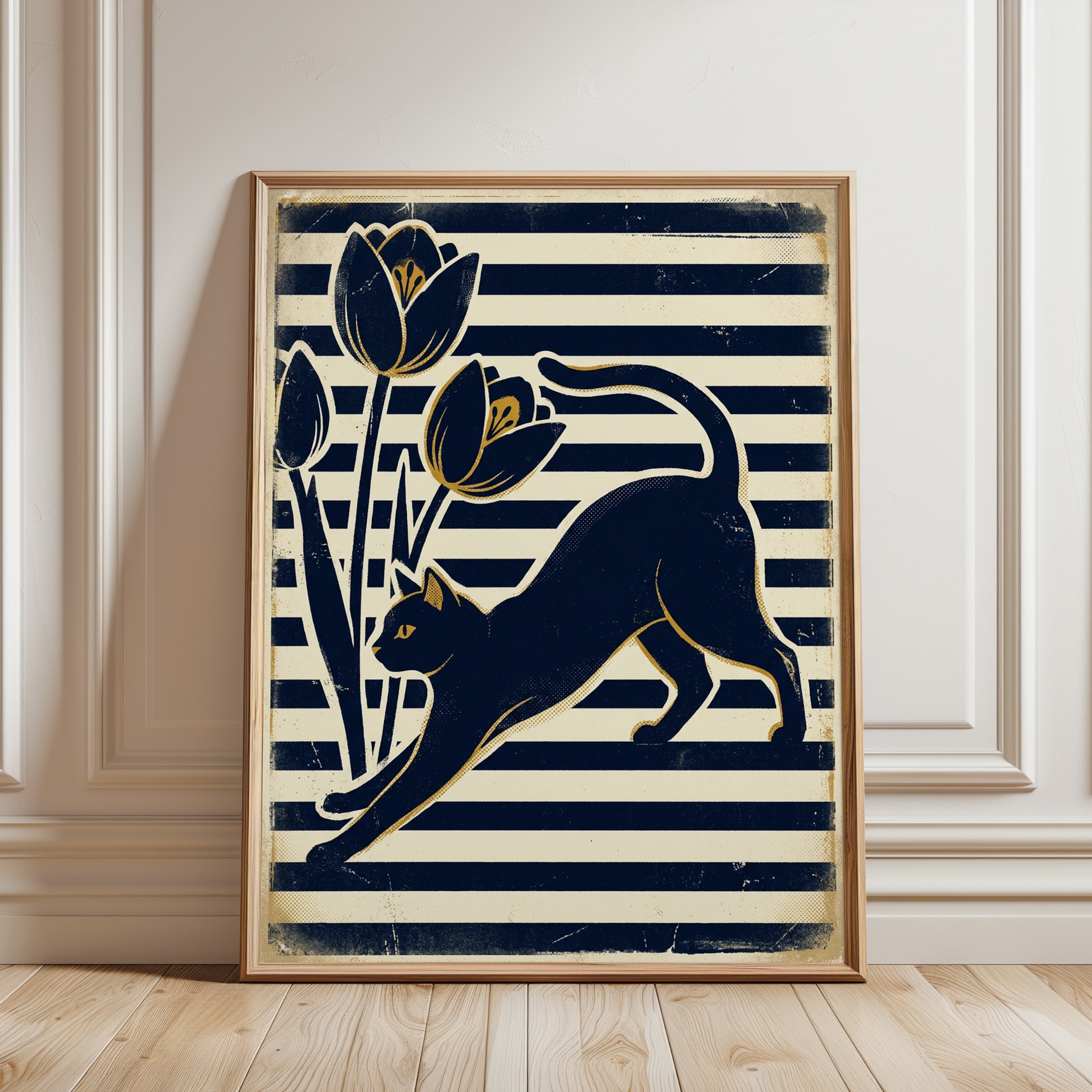 Art Deco Cat With Tulips: Navy and Gold Geometric Print - framed detail