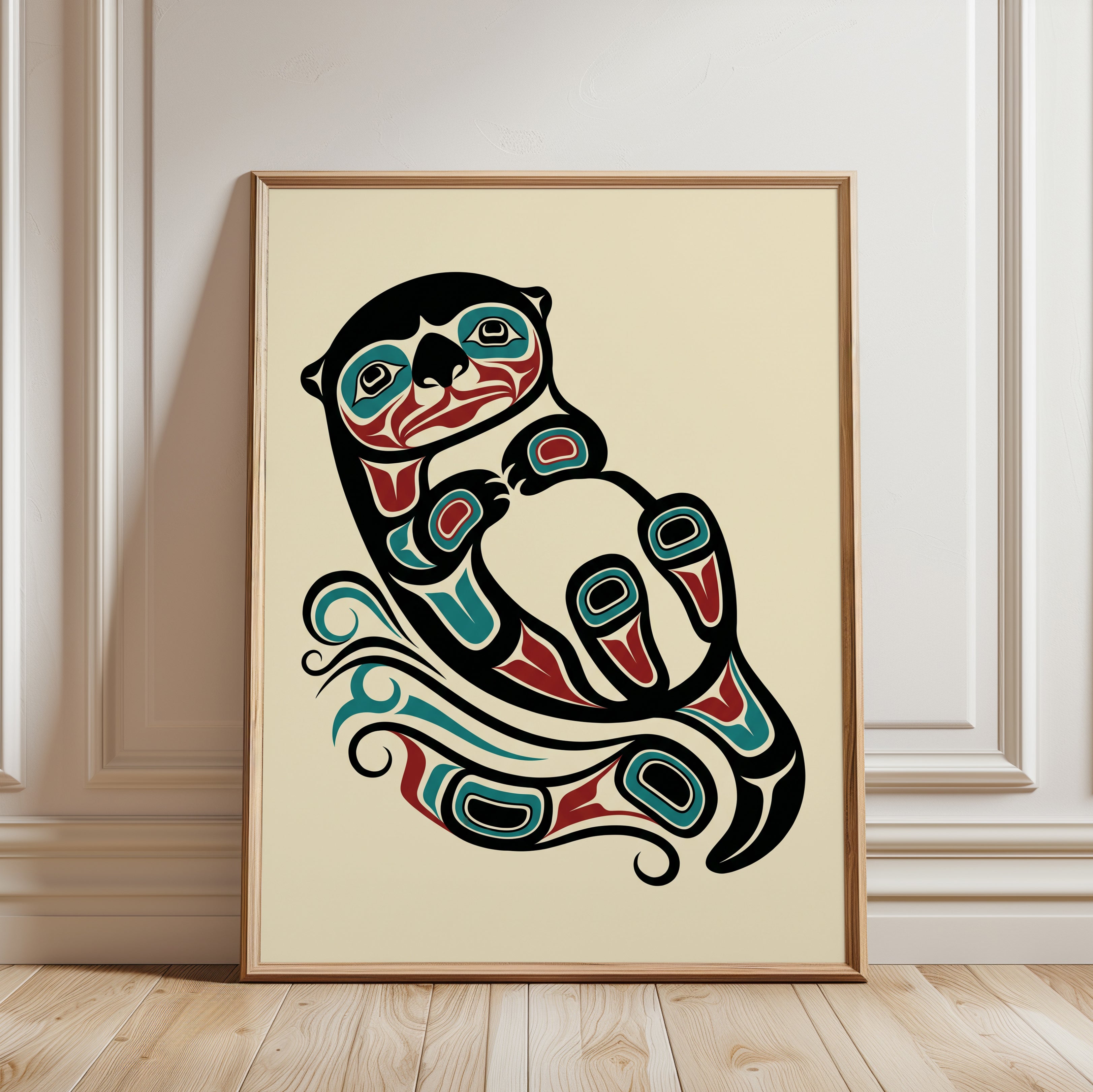 Otter Art Print: Pacific Northwest Coast Formline (Teal and Red) - framed detail