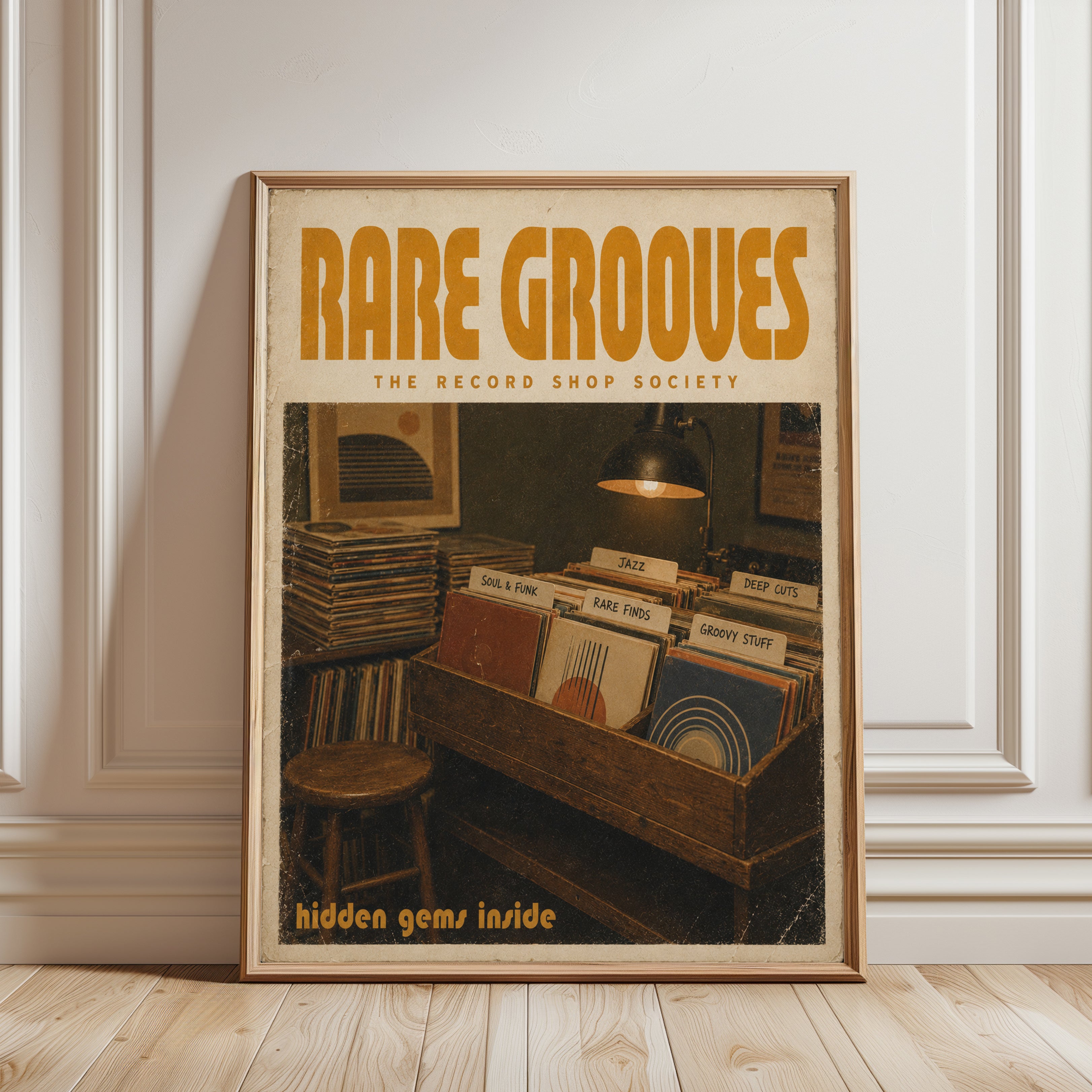 Rare Grooves Record Shop Print: Vintage Vinyl Collection Poster - framed detail