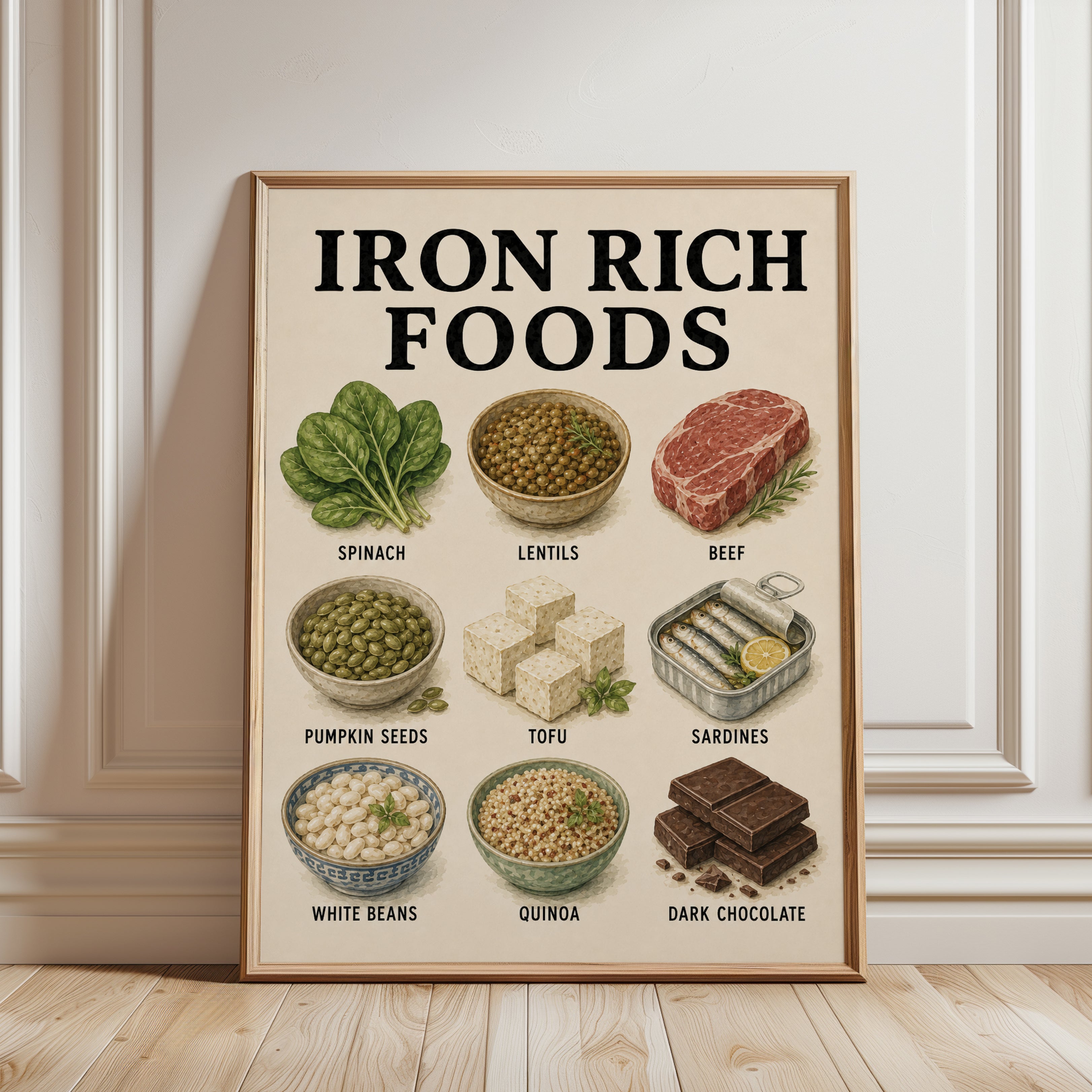 Iron Rich Foods Poster – Kitchen Nutrition Chart - framed detail