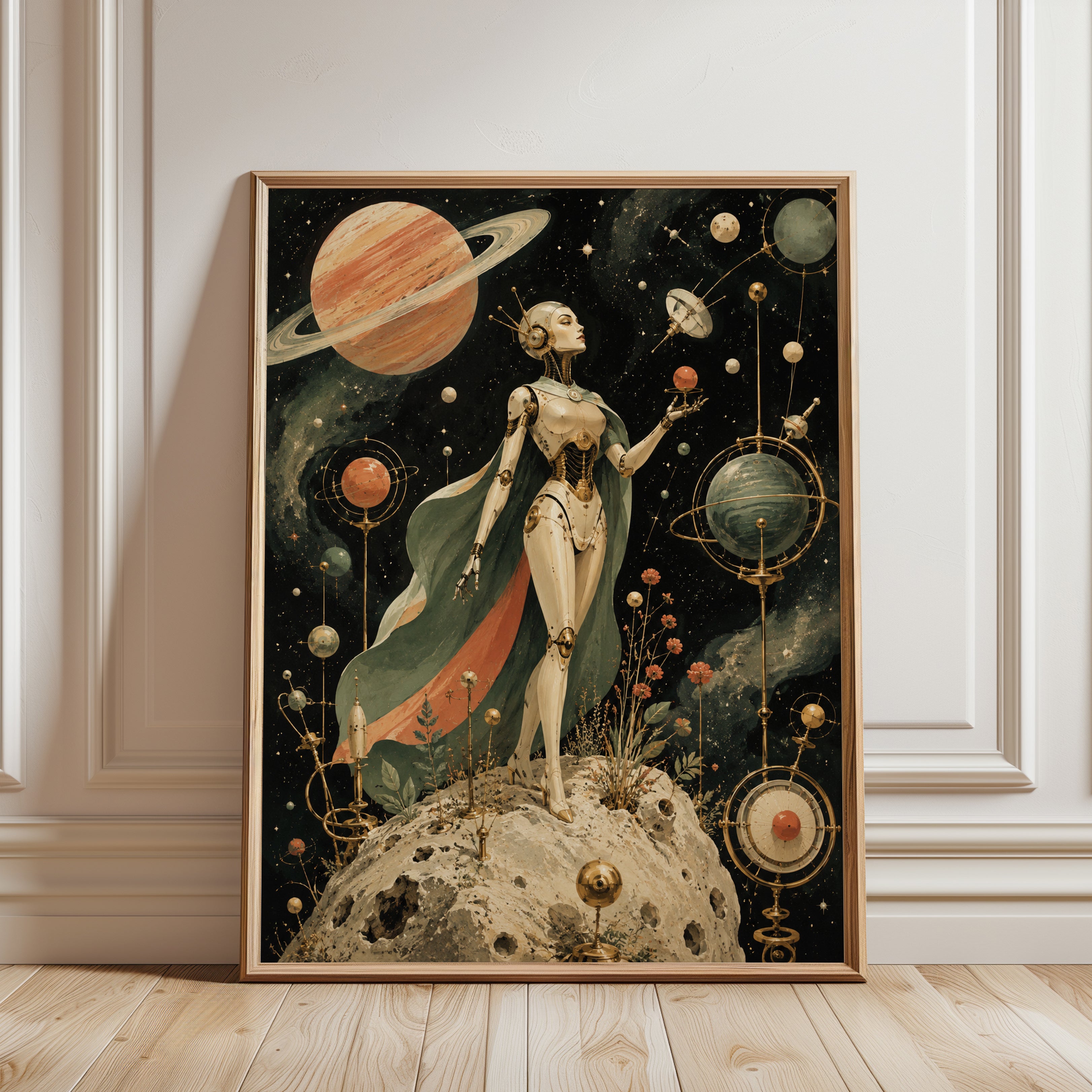 Celestial Robot Woman Art Print: Art Deco Space Fantasy - framed detail