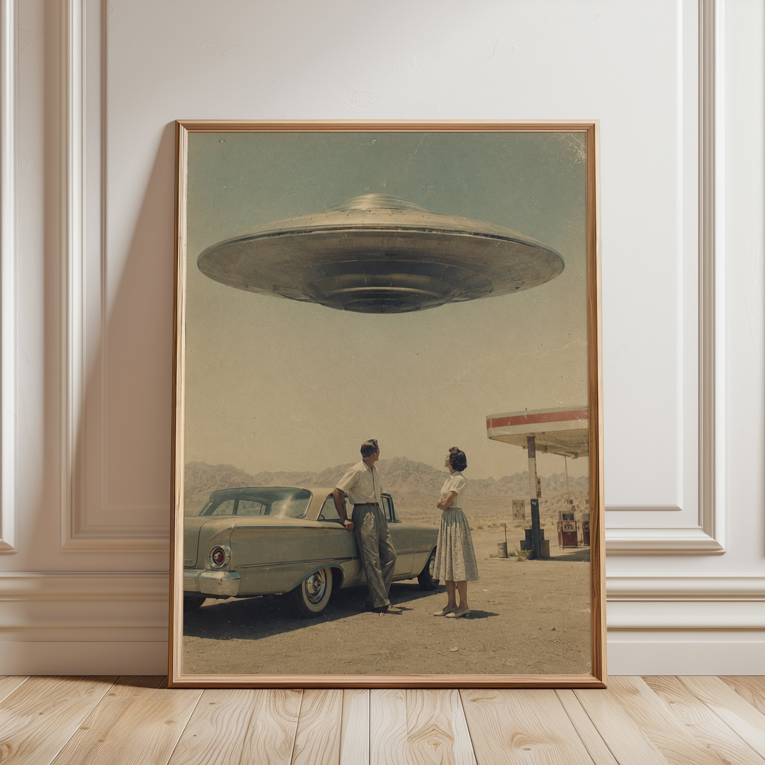 Vintage UFO Print — 1950s Retro Sci-Fi Scene - framed detail