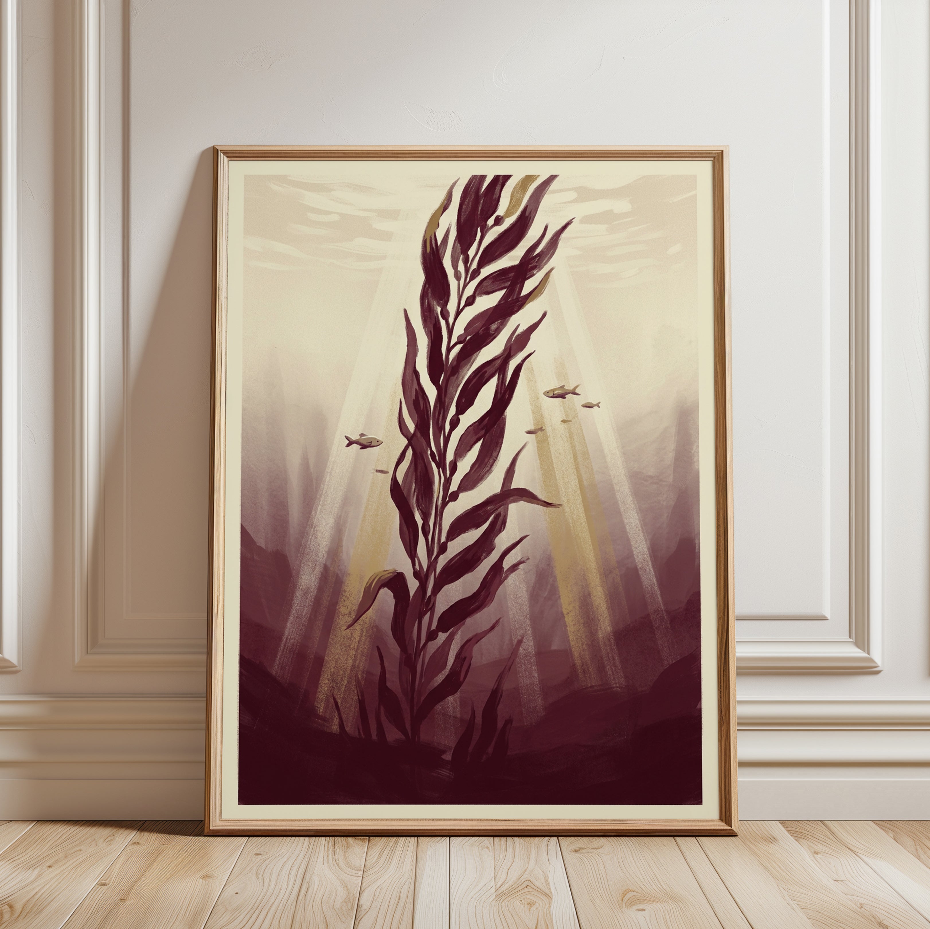 Underwater Kelp Forest Art Print: Burgundy and Cream Marine Scene - framed detail