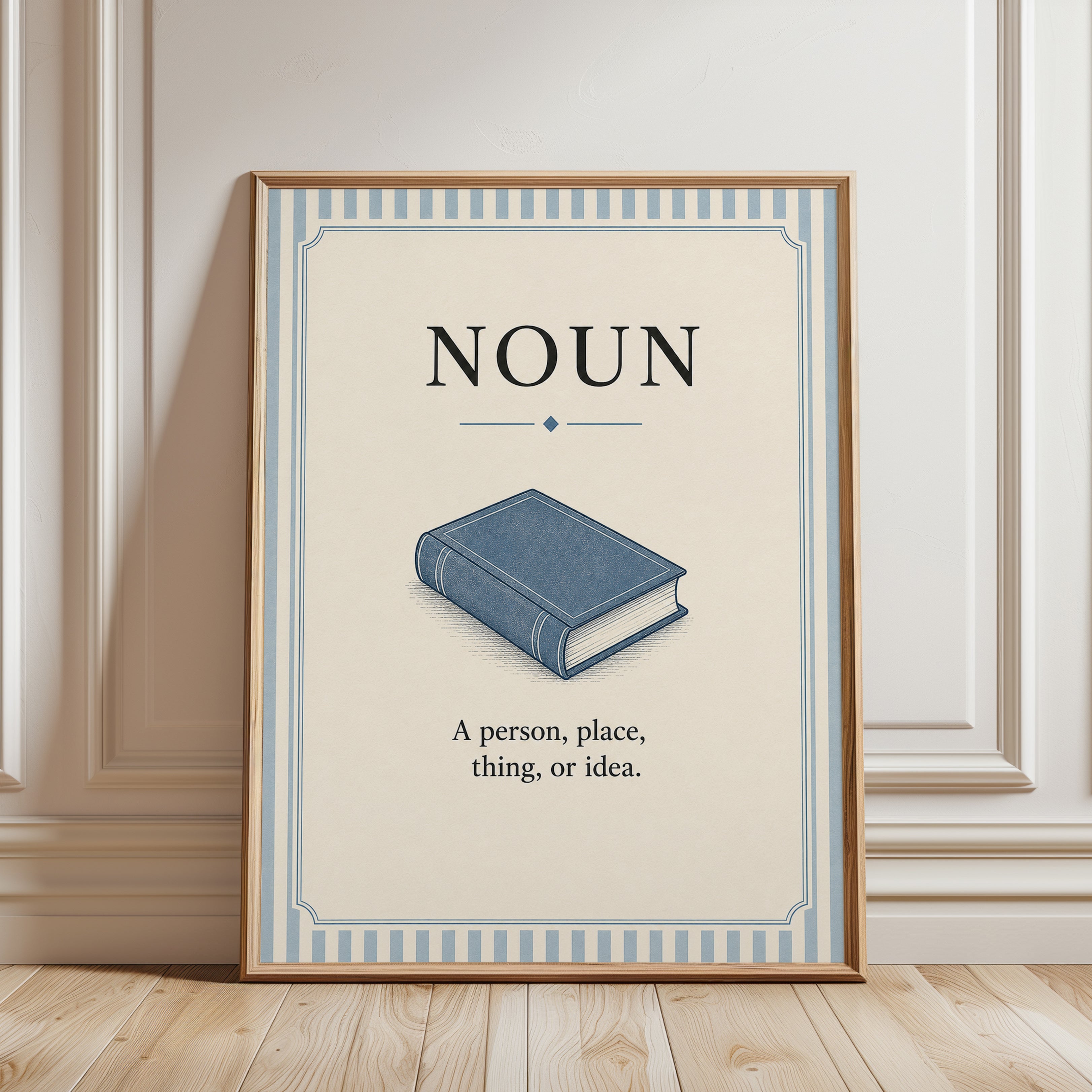 Noun Definition Print: Vintage Blue Book Grammar Art - framed detail