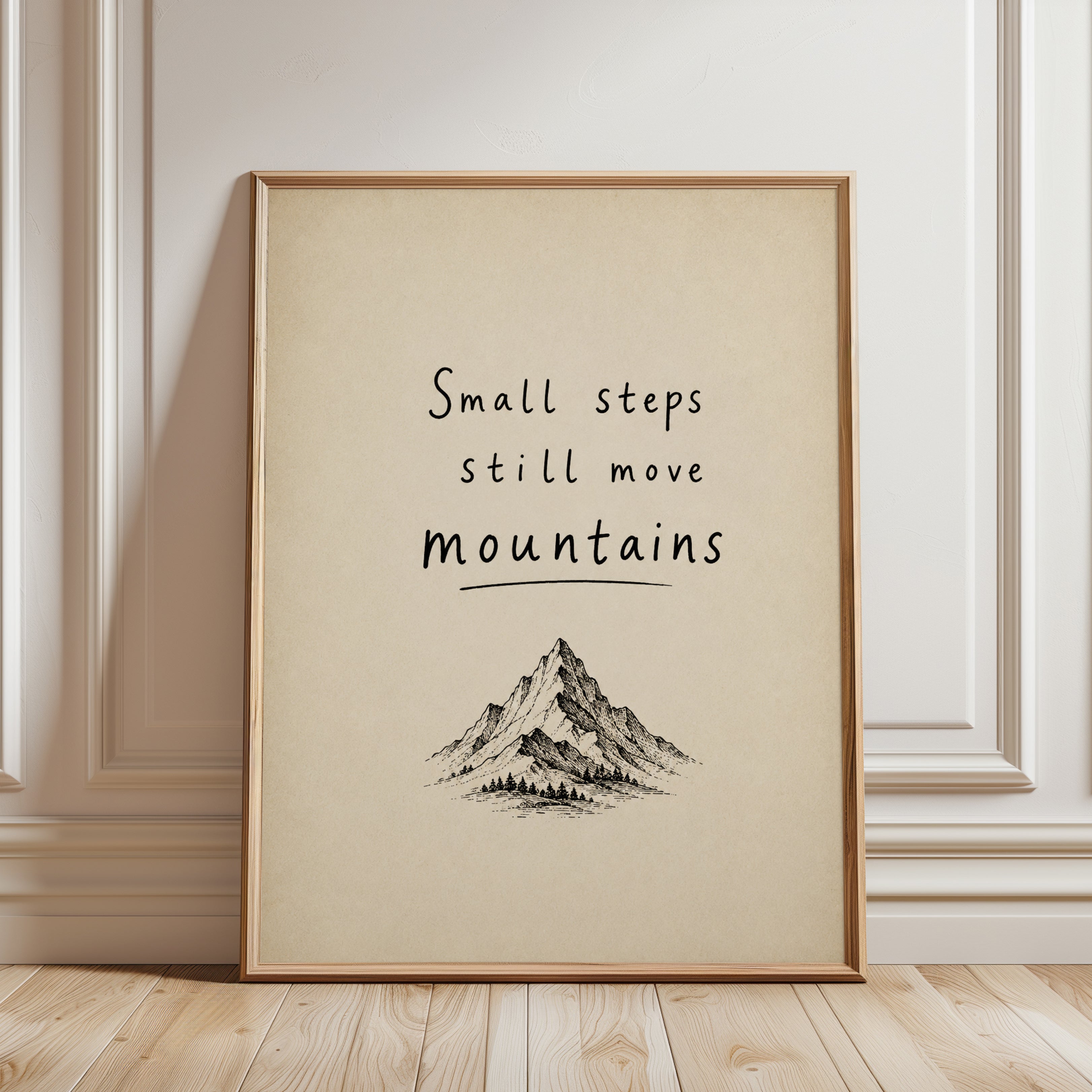 Motivational Mountain Print: Small Steps Move Mountains Quote - framed detail