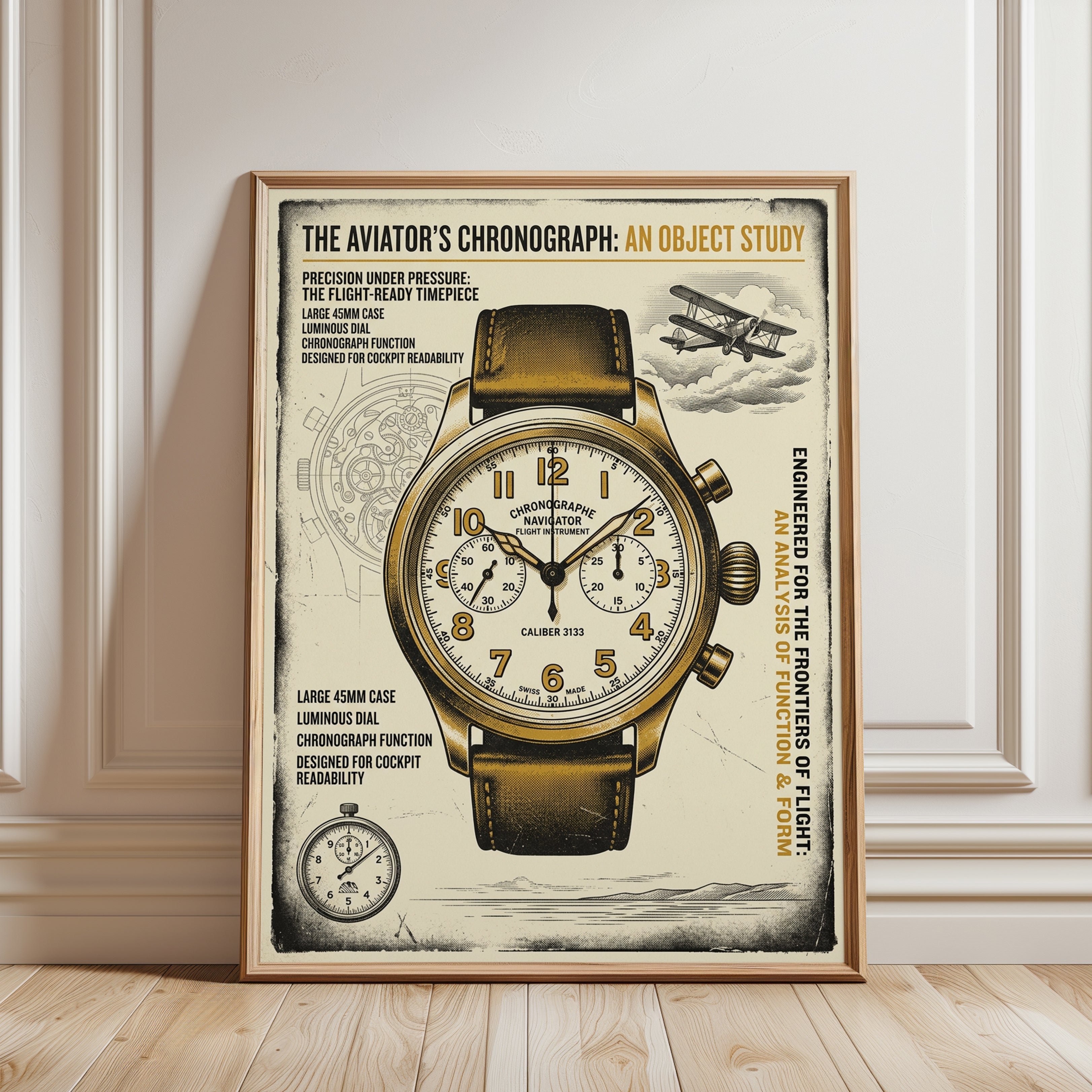 Vintage Aviator Chronograph Poster: Retro Aviation Watch Art - framed detail
