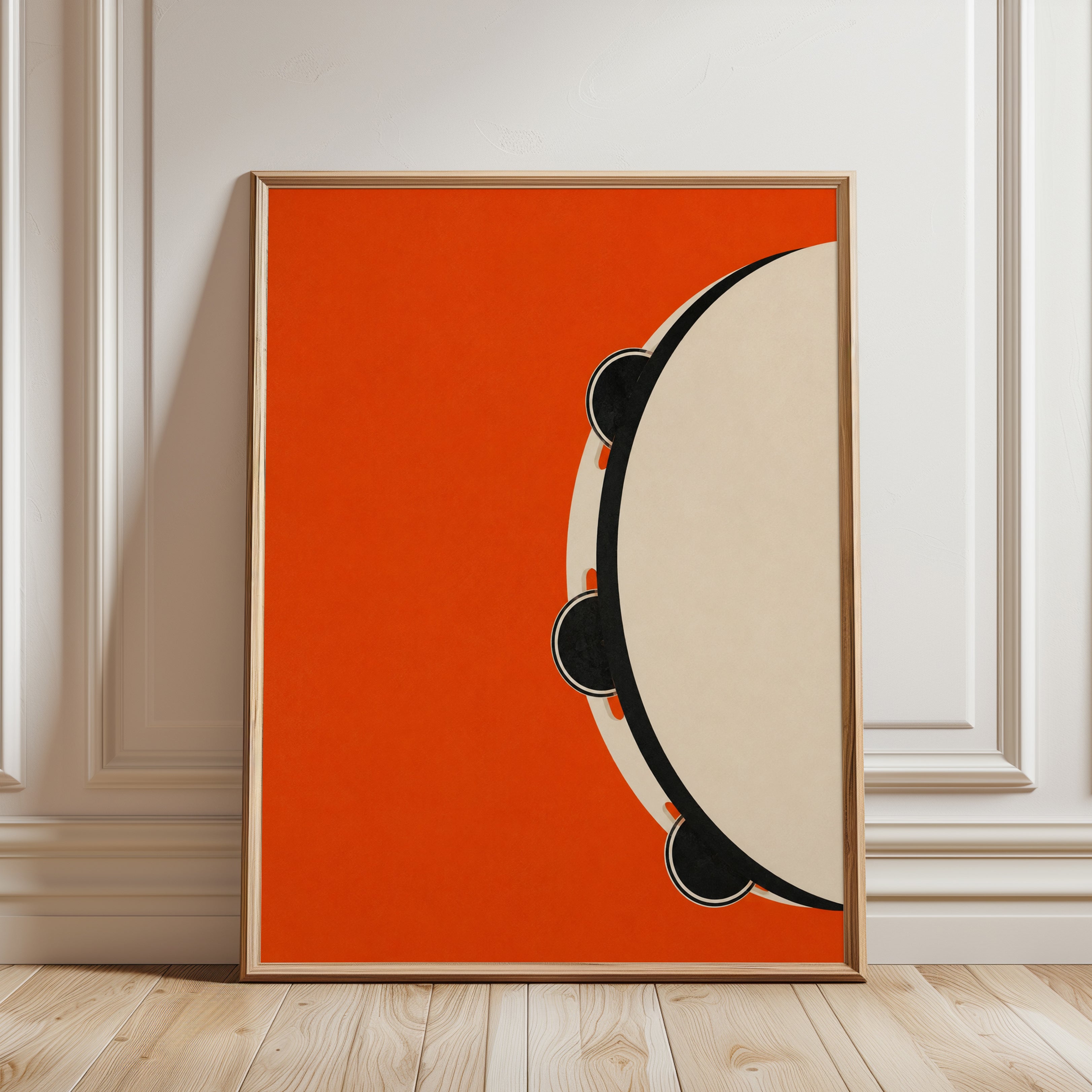 Tambourine Art Print: Bold Orange Minimalist Music Poster - framed detail