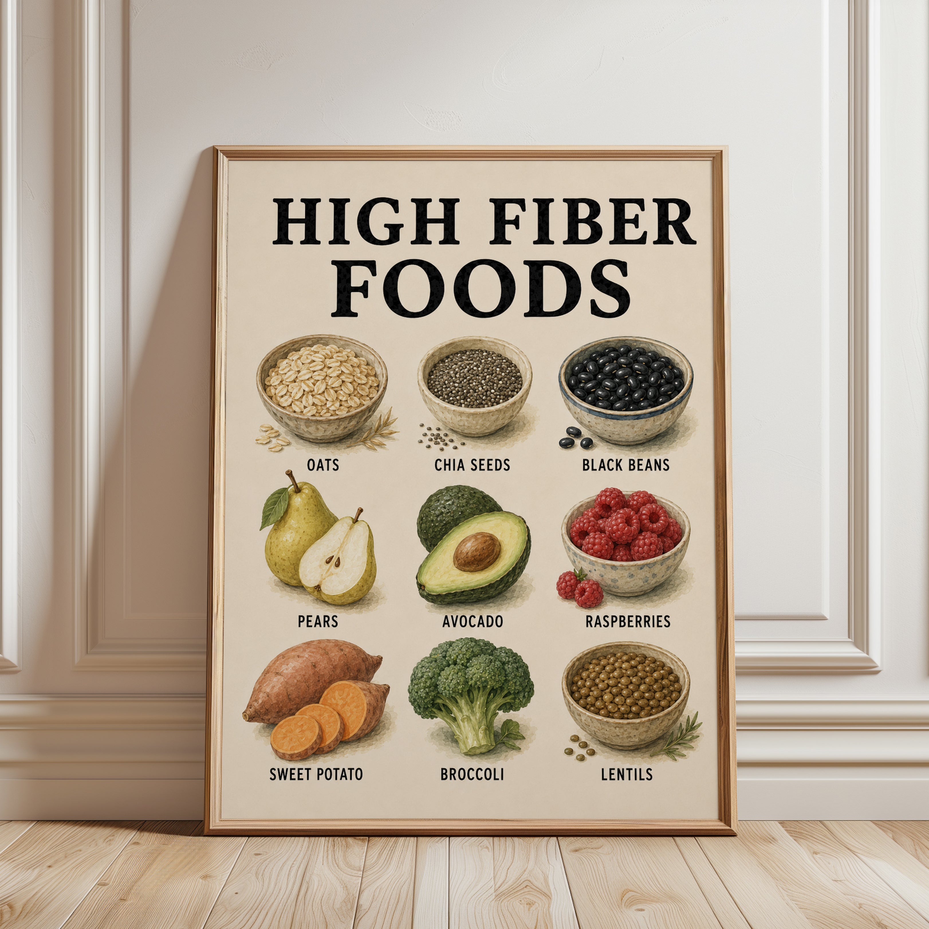 High Fiber Foods Poster – Kitchen Wall Art - framed detail