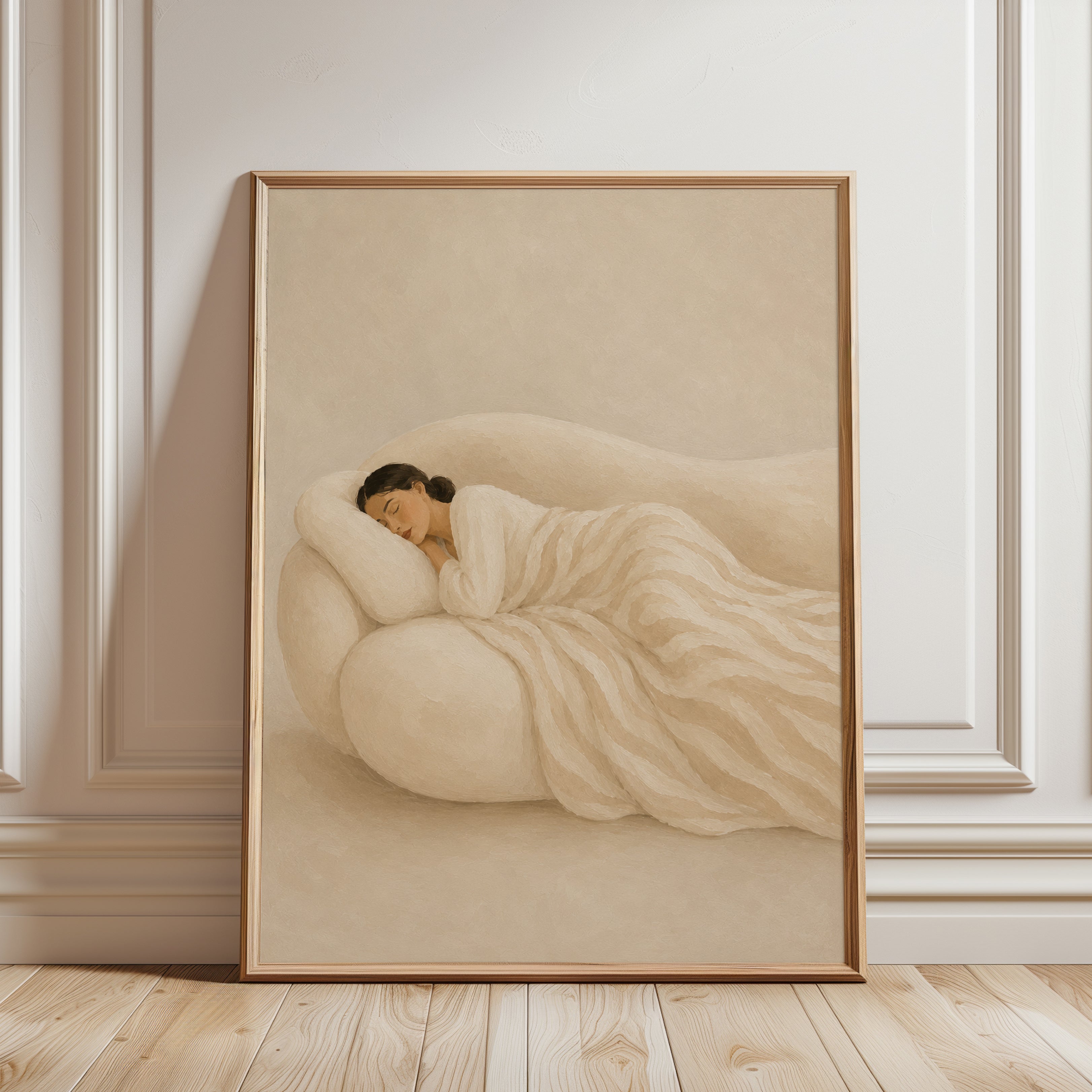 Sleeping Woman Art Print: Soft Beige Minimalist Contemporary - framed detail