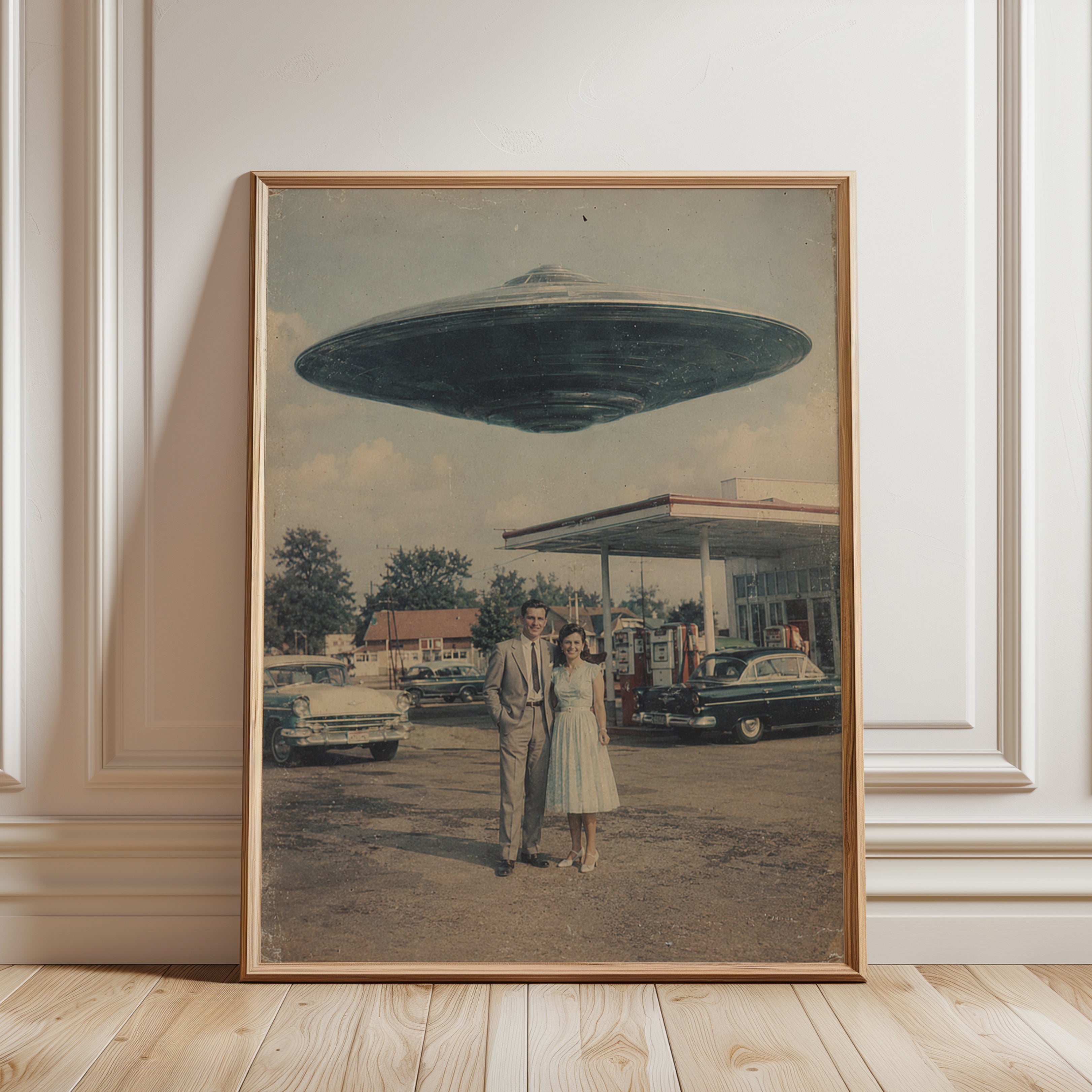 Vintage UFO Scene Wall Art: Retro 1950s Gas Station Sci-Fi Print - framed detail