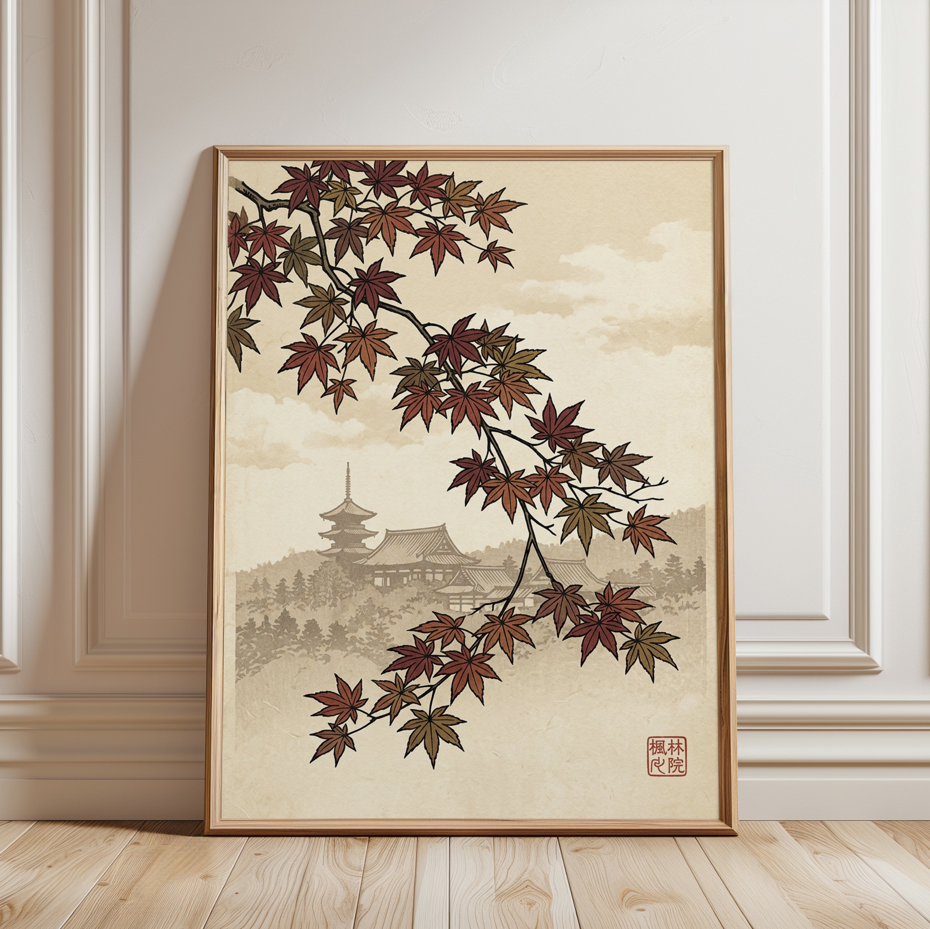 Japanese Maple Temple Art Print: Autumn Landscape with Pagoda - framed detail