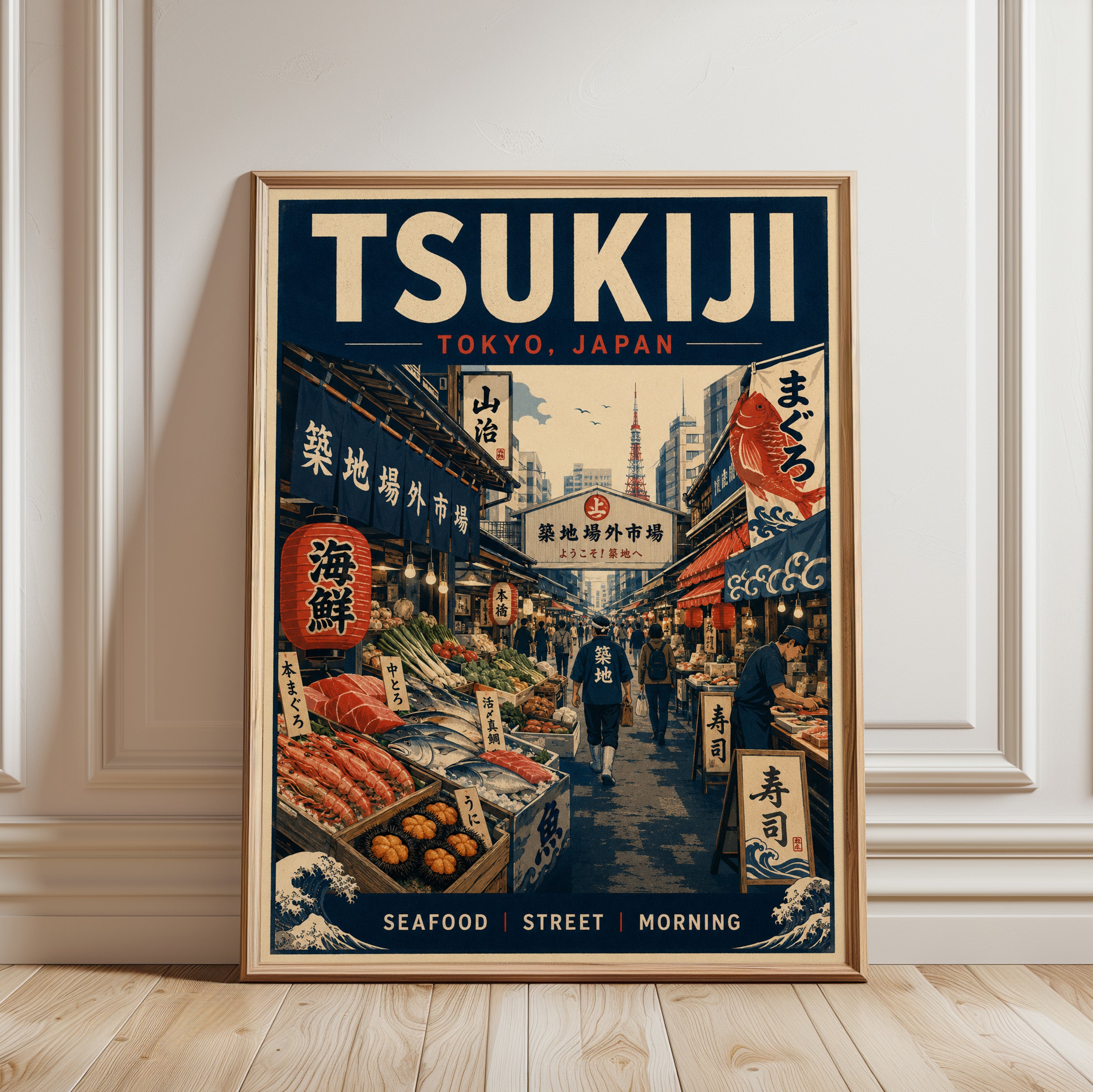 Tsukiji Tokyo Travel Poster — Vintage Japanese Fish Market Print - framed detail
