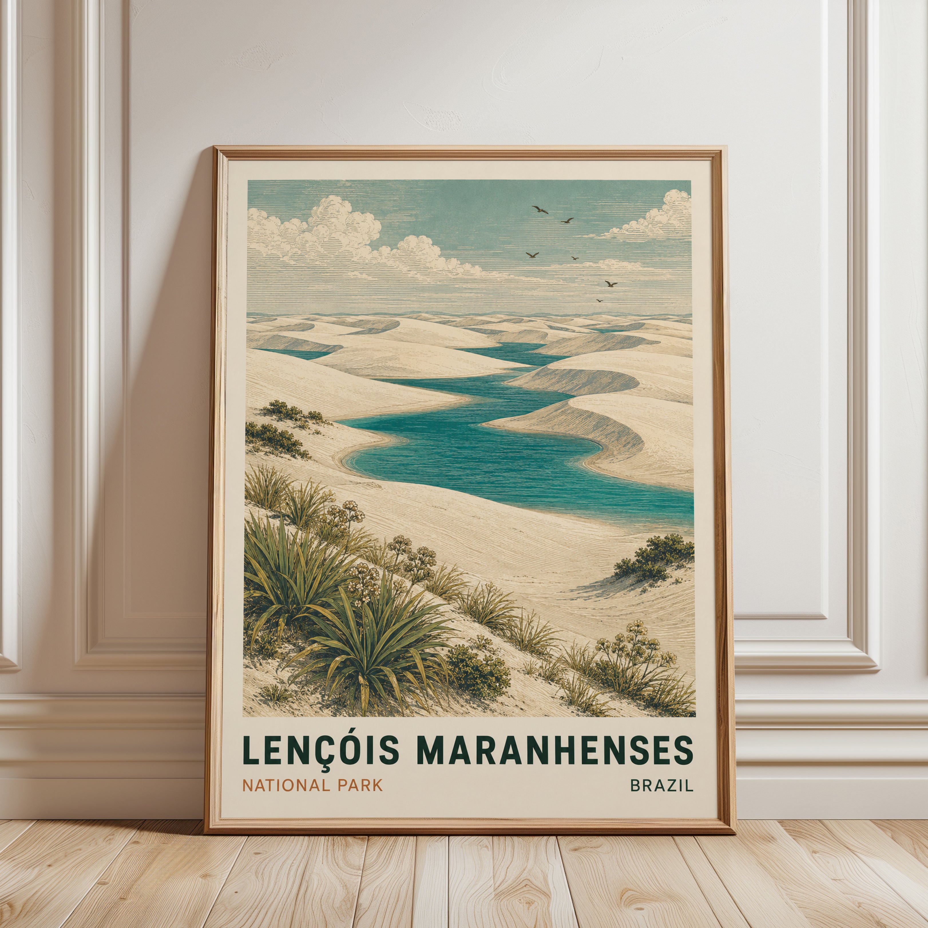 Brazil Travel Poster – Lencois Maranhenses Print - framed detail
