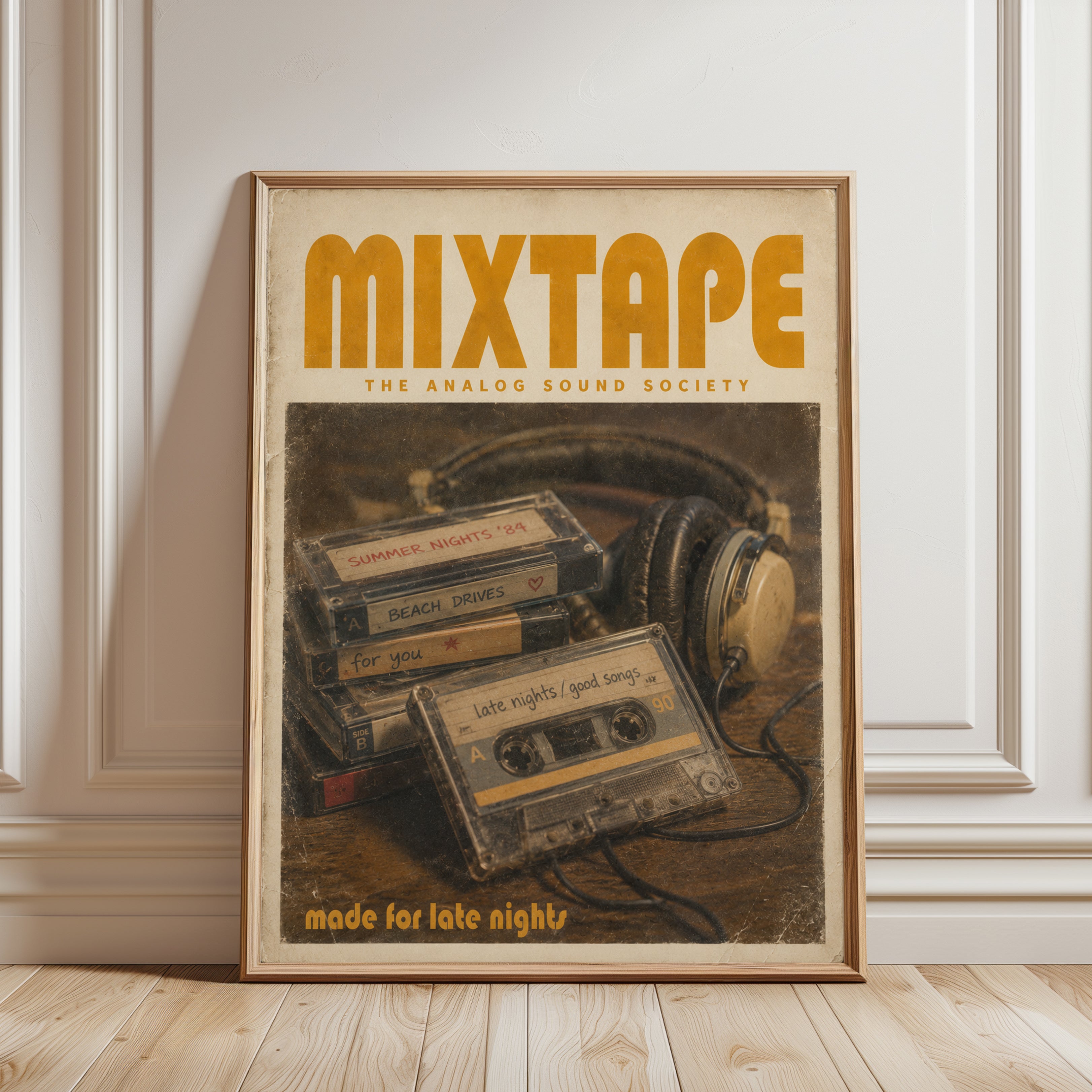 Vintage Mixtape Poster — Retro Cassette Tape & Headphones - framed detail