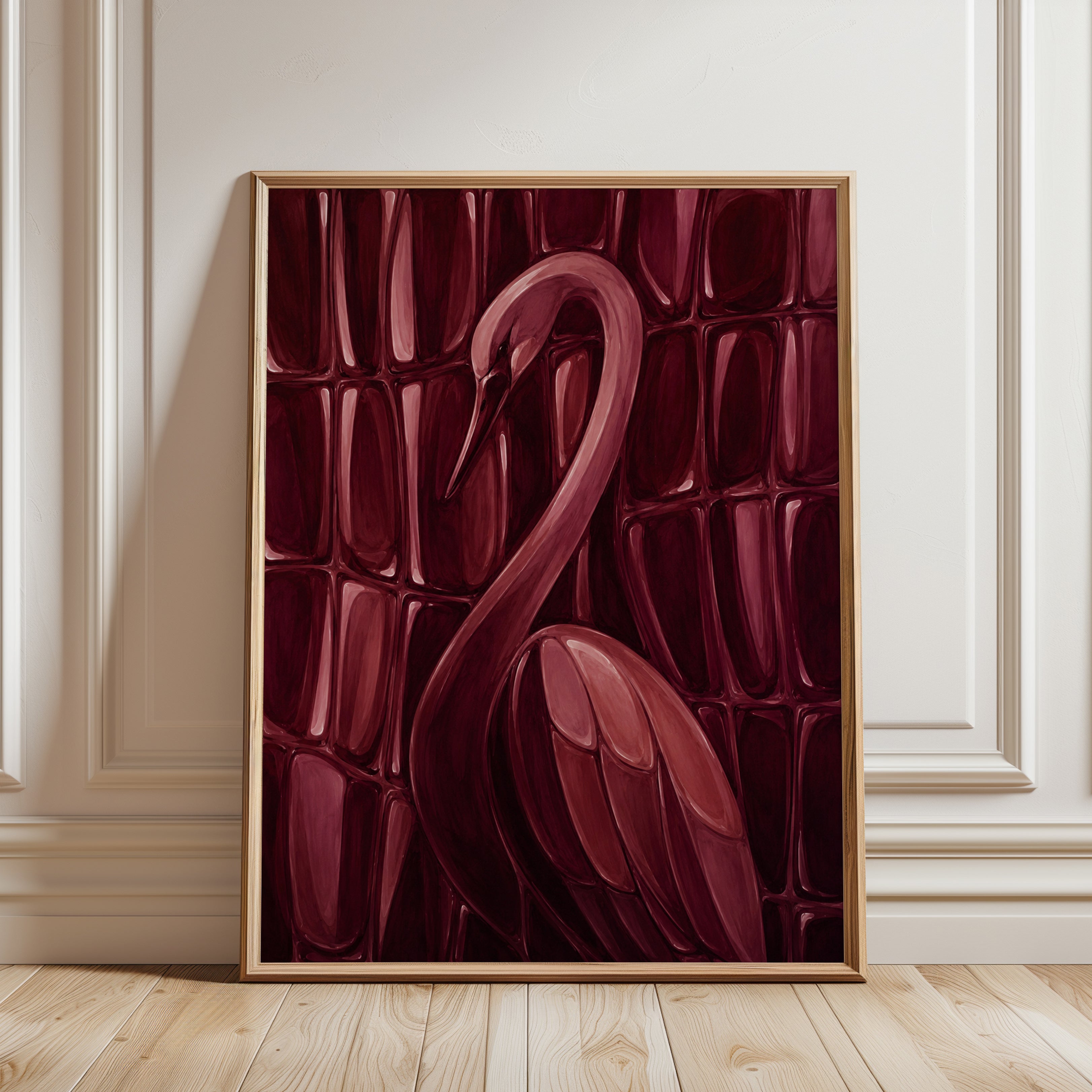 Burgundy Flamingo Art Print: Geometric Abstract Bird Design - framed detail