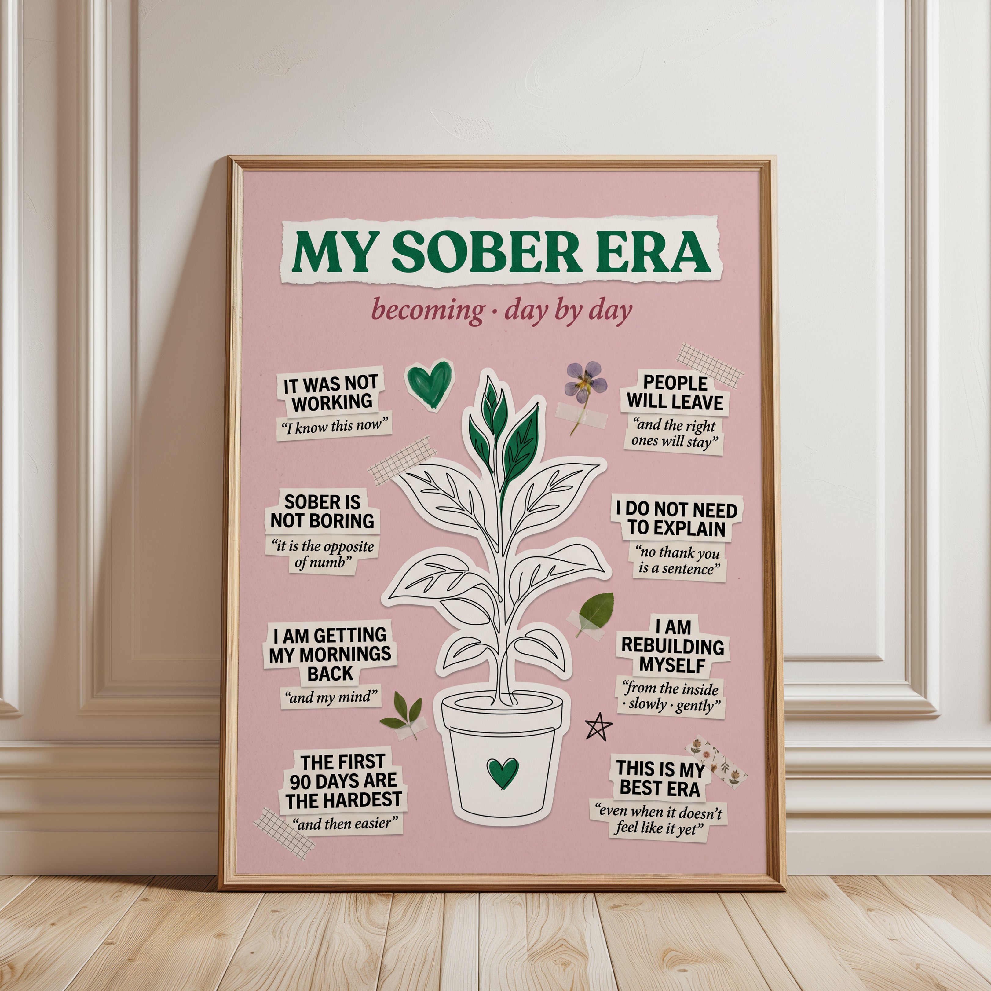 Sobriety Affirmation Print: Pink Recovery Art with Motivational Quotes - framed detail
