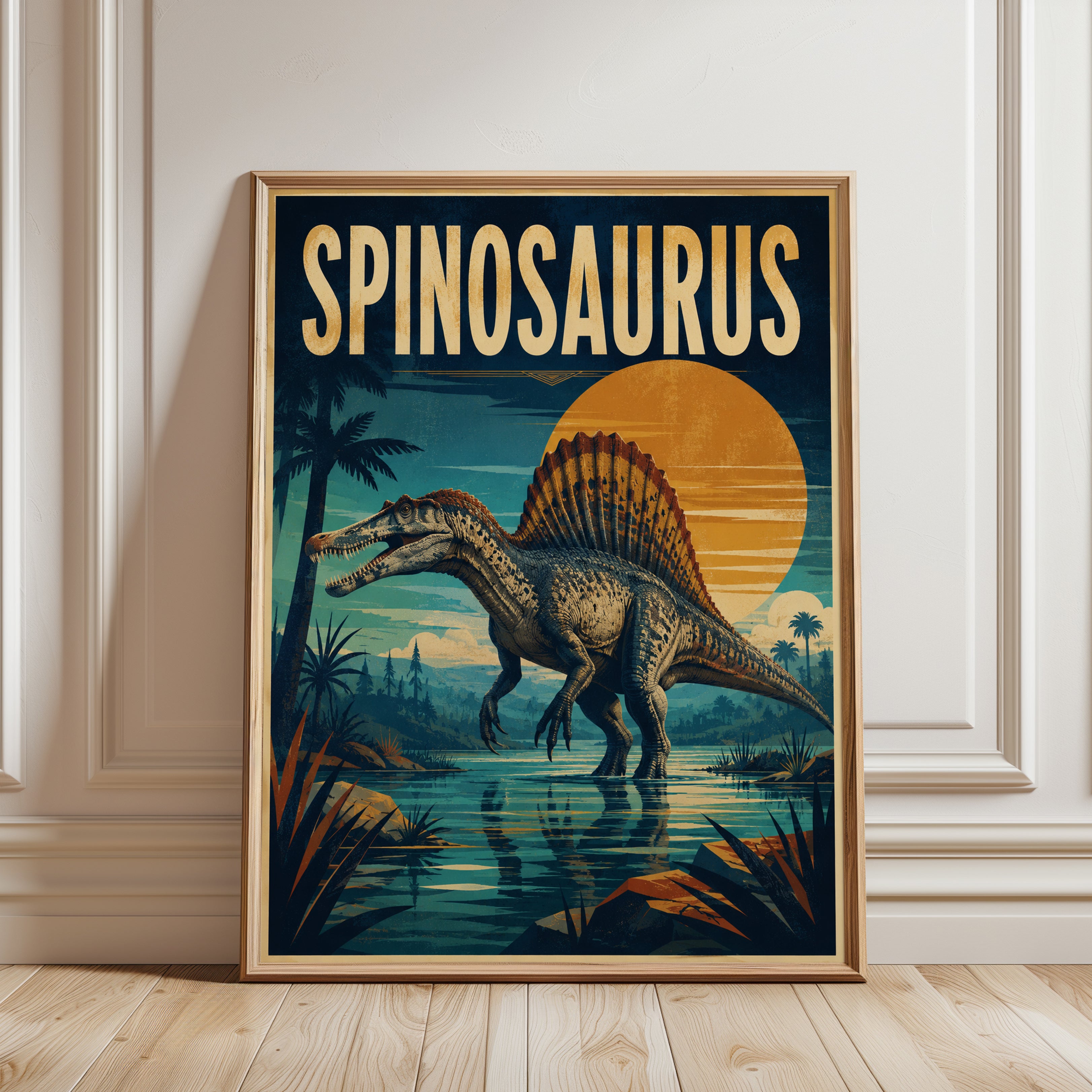 Spinosaurus Poster: Retro Dinosaur Print (Kids Room & Nursery) - framed detail