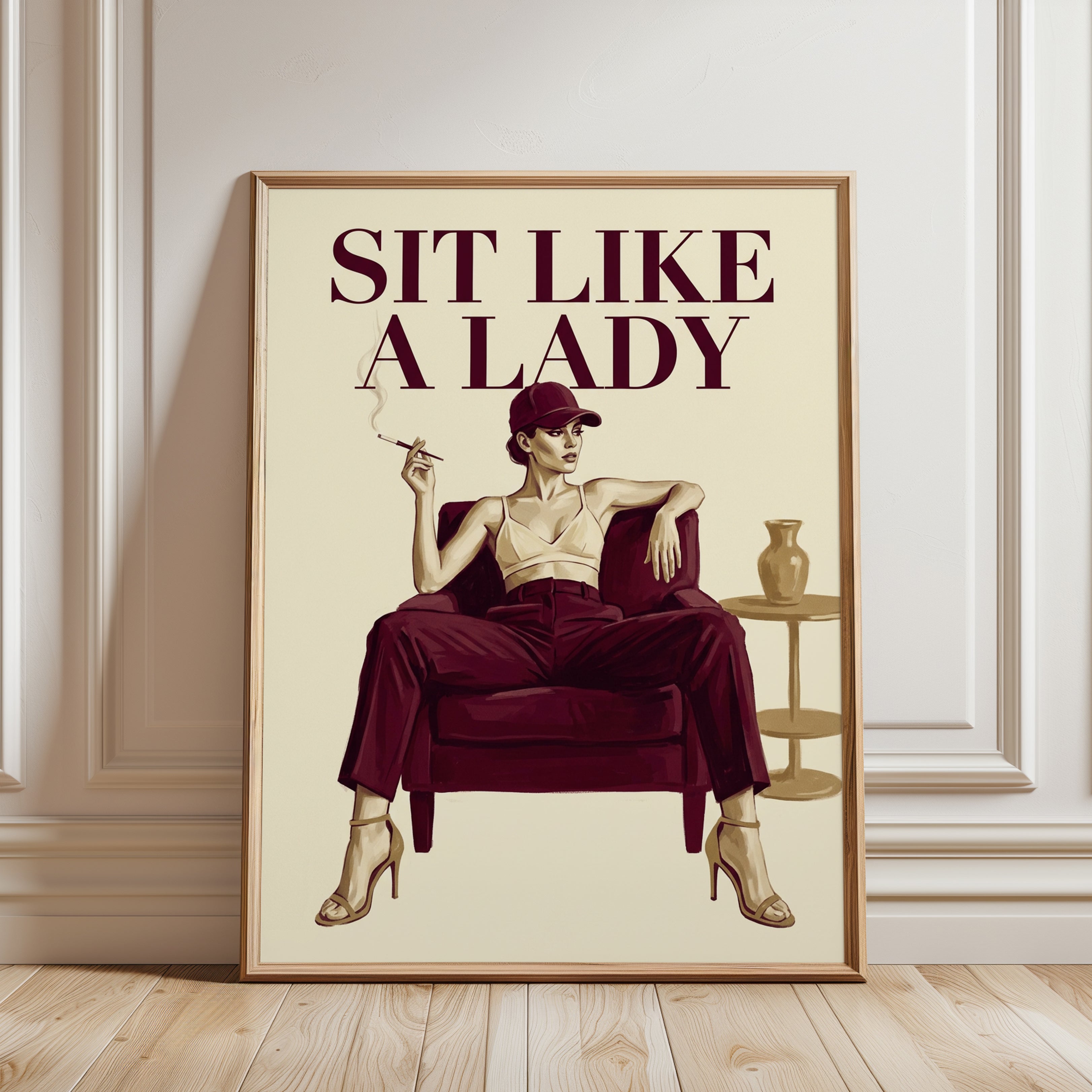 Sit Like a Lady Art Print: Vintage Fashion Poster in Burgundy - framed detail