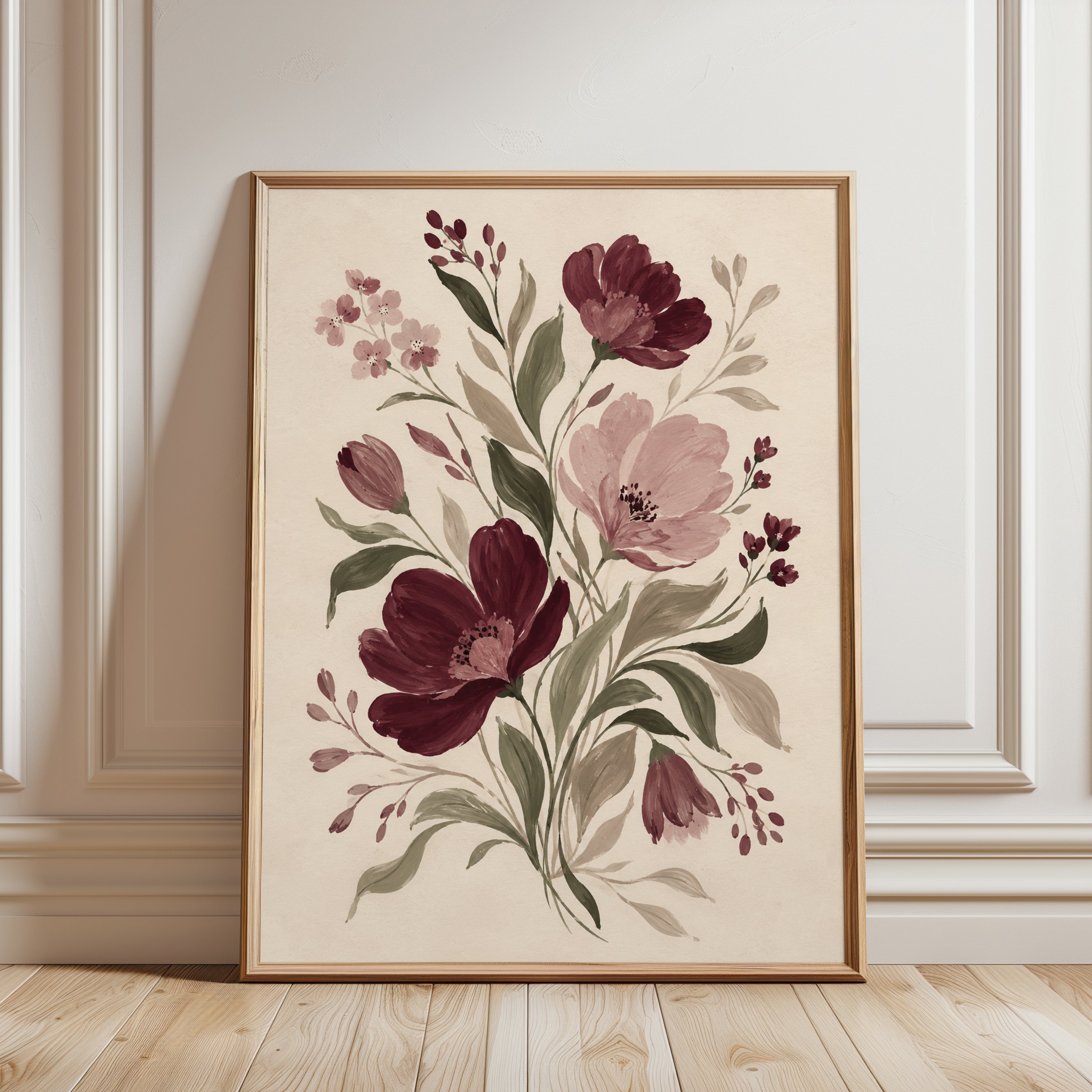 Burgundy Floral Botanical Print: Vintage Watercolor Wall Art - framed detail