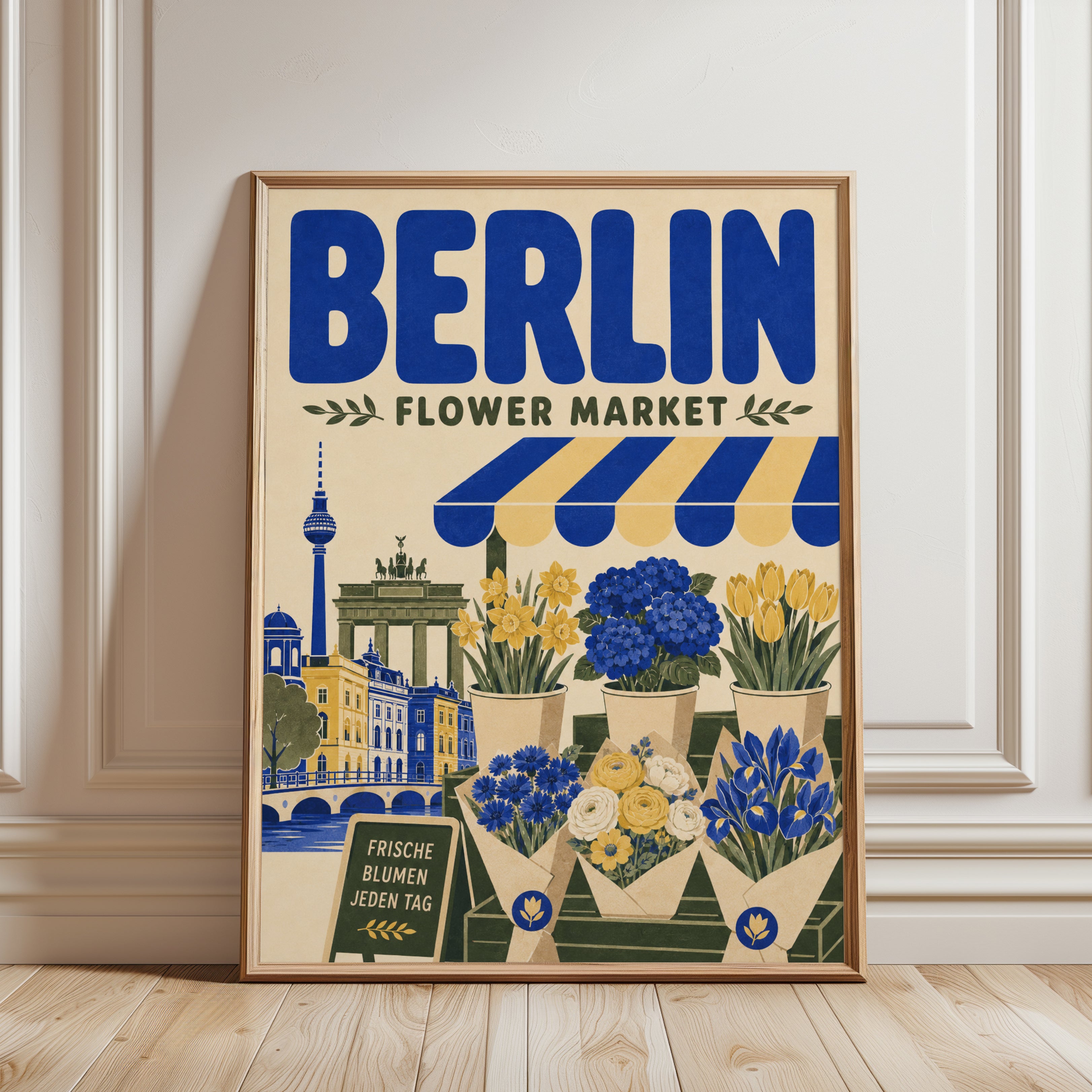 Vintage Berlin Travel Poster: Flower Market Scene (Mid-Century Style) - framed detail