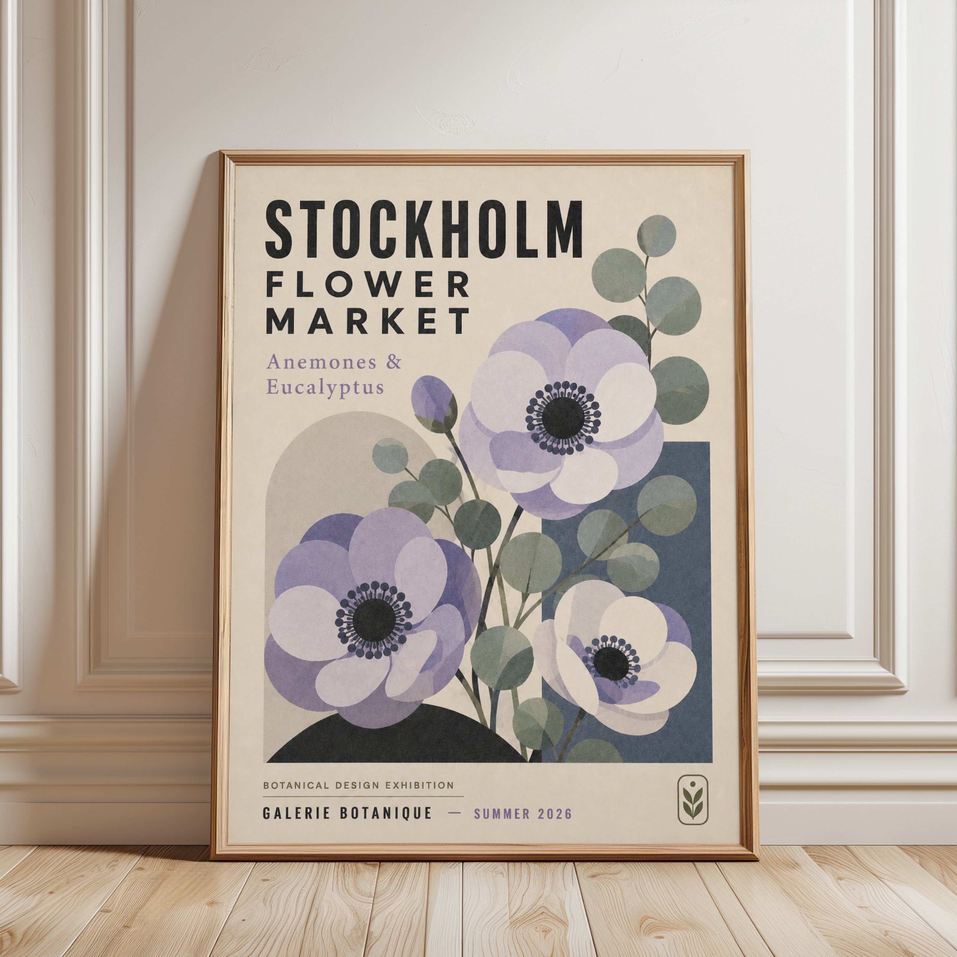 Stockholm Flower Market Print — Botanical Anemones & Eucalyptus - framed detail