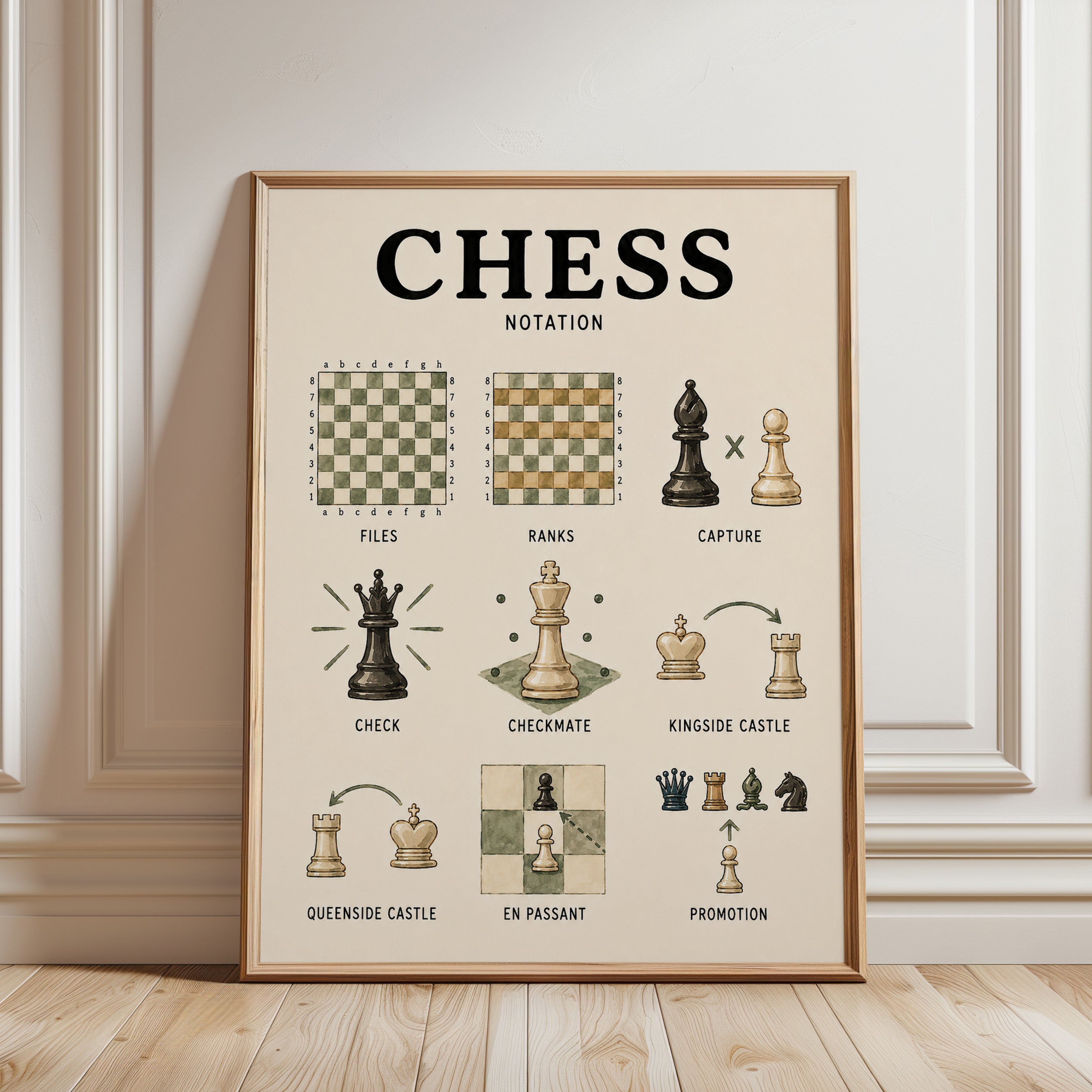 Chess Notation Guide Poster: Vintage Educational Wall Art - framed detail
