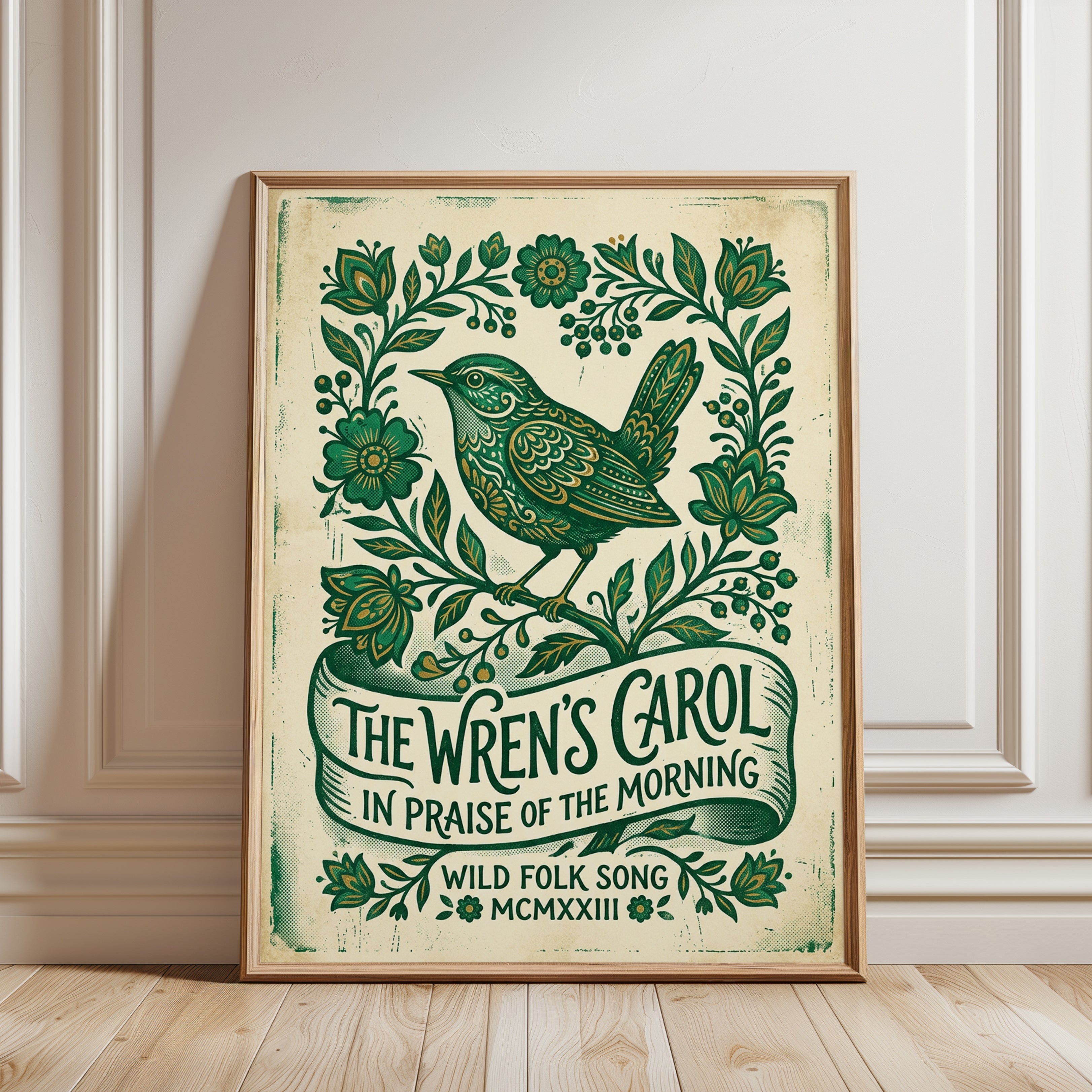 Folk Art Bird Print — The Wren's Carol - framed detail