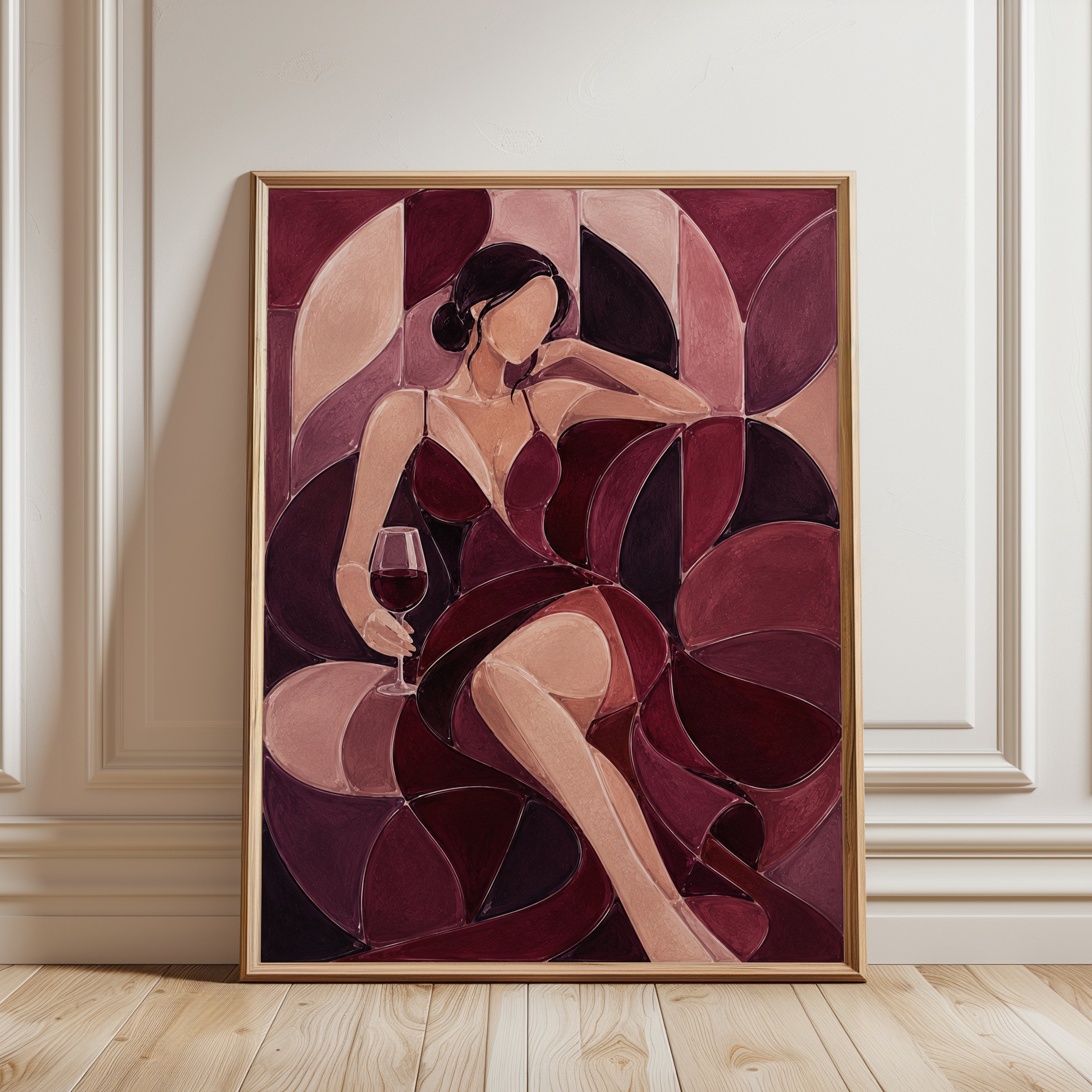 Art Deco Woman with Wine Glass: Burgundy Geometric Wall Art - framed detail