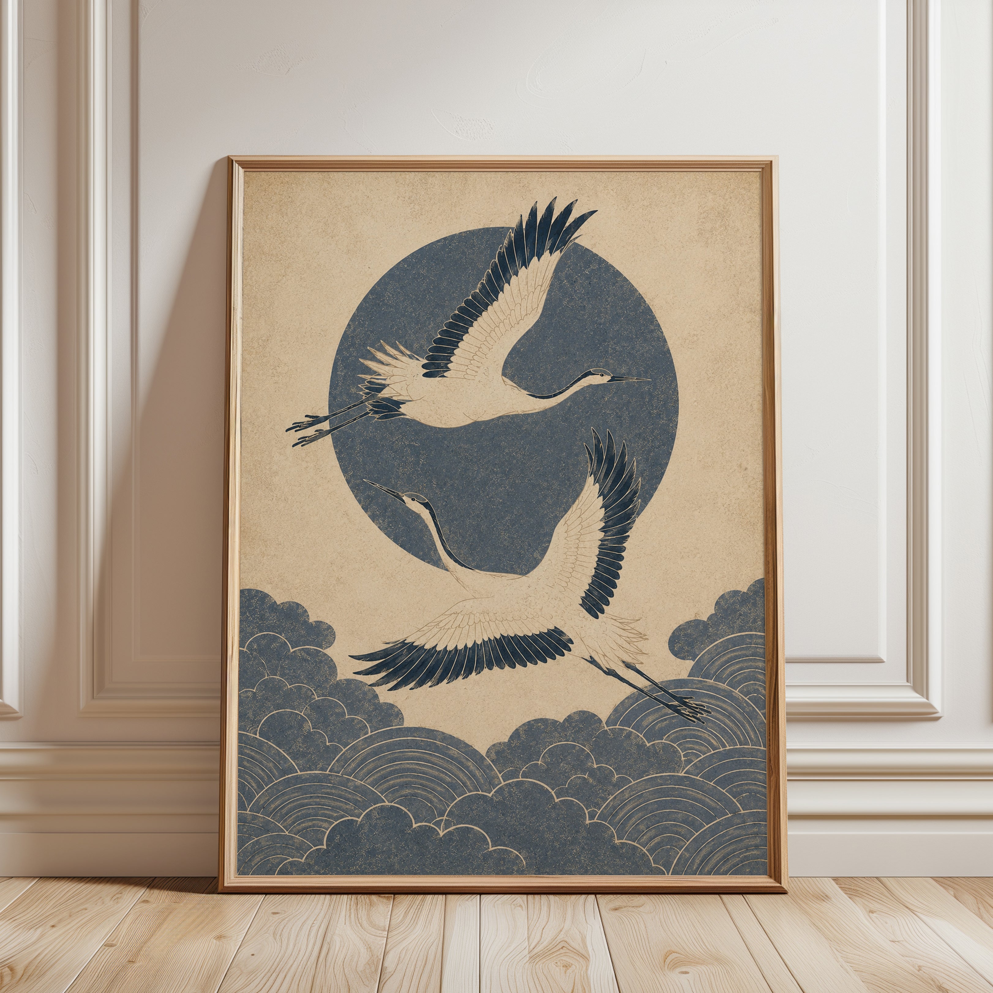 Japanese Cranes in Flight Art Print: Vintage Blue Beige Design - framed detail